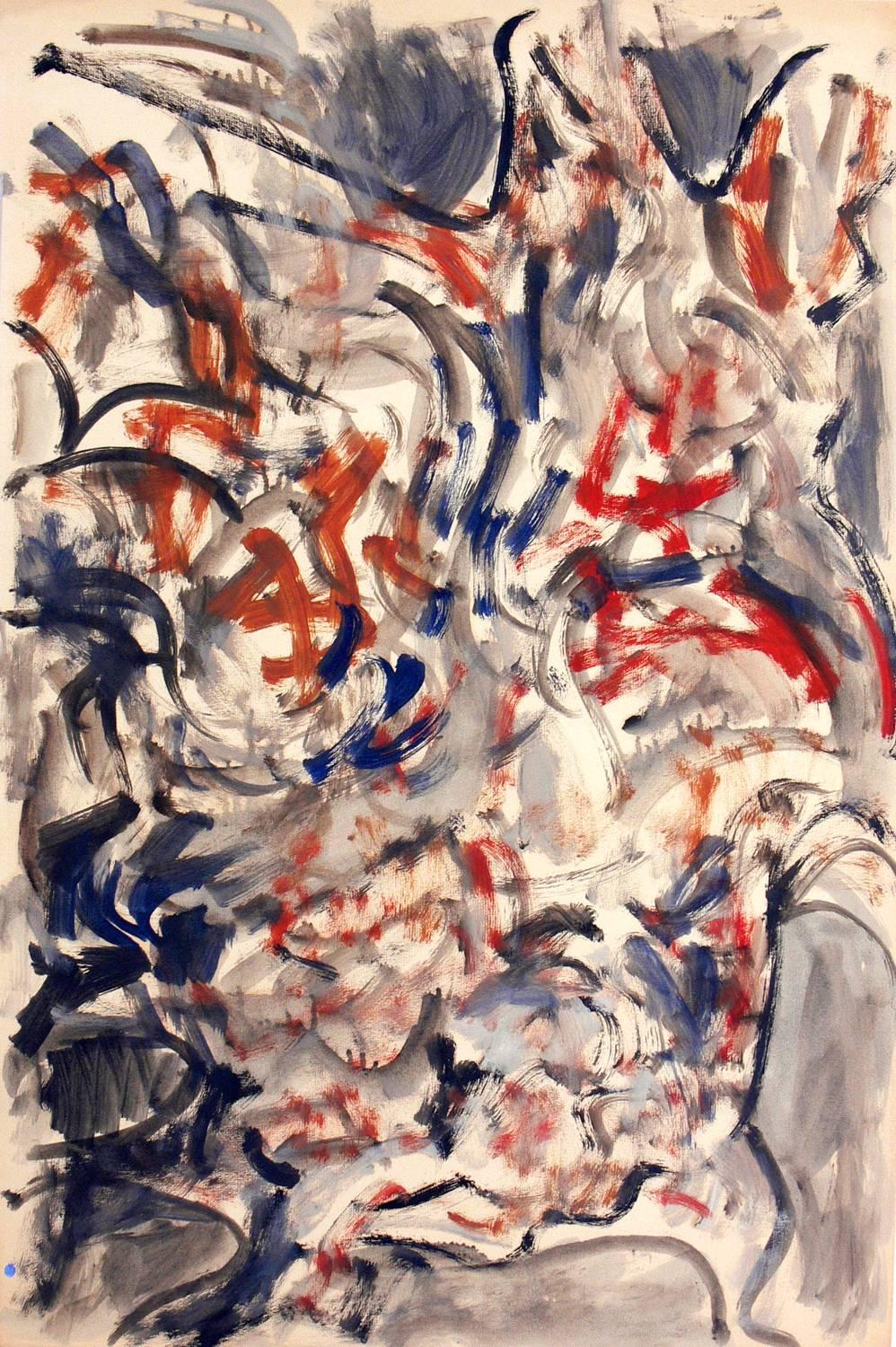 Peinture abstraite de Miriam Kubach, américaine, signée et datée de 1963. Elle est exécutée sur papier et a été encadrée professionnellement sous verre résistant aux UV dans un cadre de galerie en laque noire aux lignes pures.