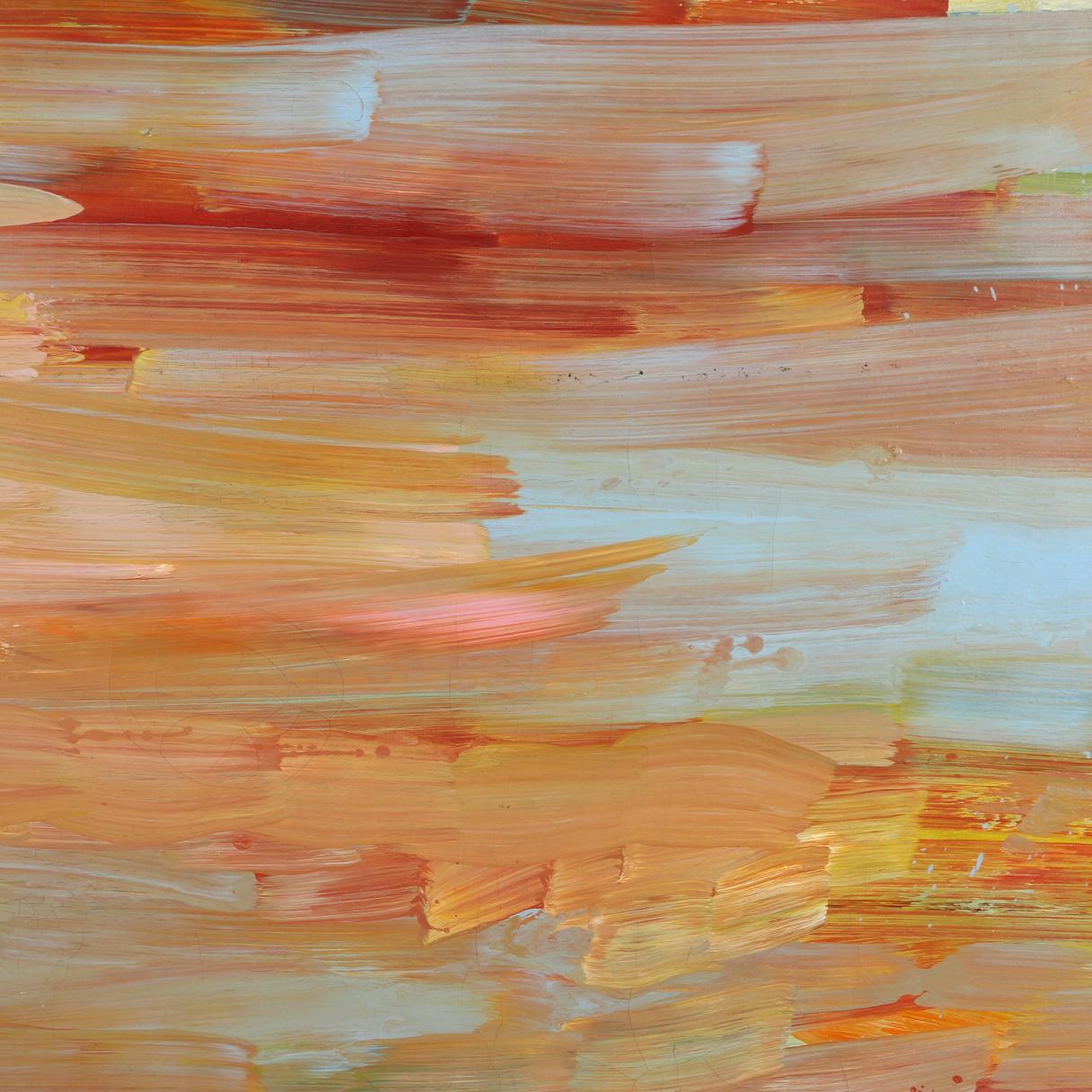 A large abstract painting by noted American artist, Pat Lipsky.  The mid-century painting in various shades of orange, gold, red and blue are washed across the canvas with horizontal strokes.  