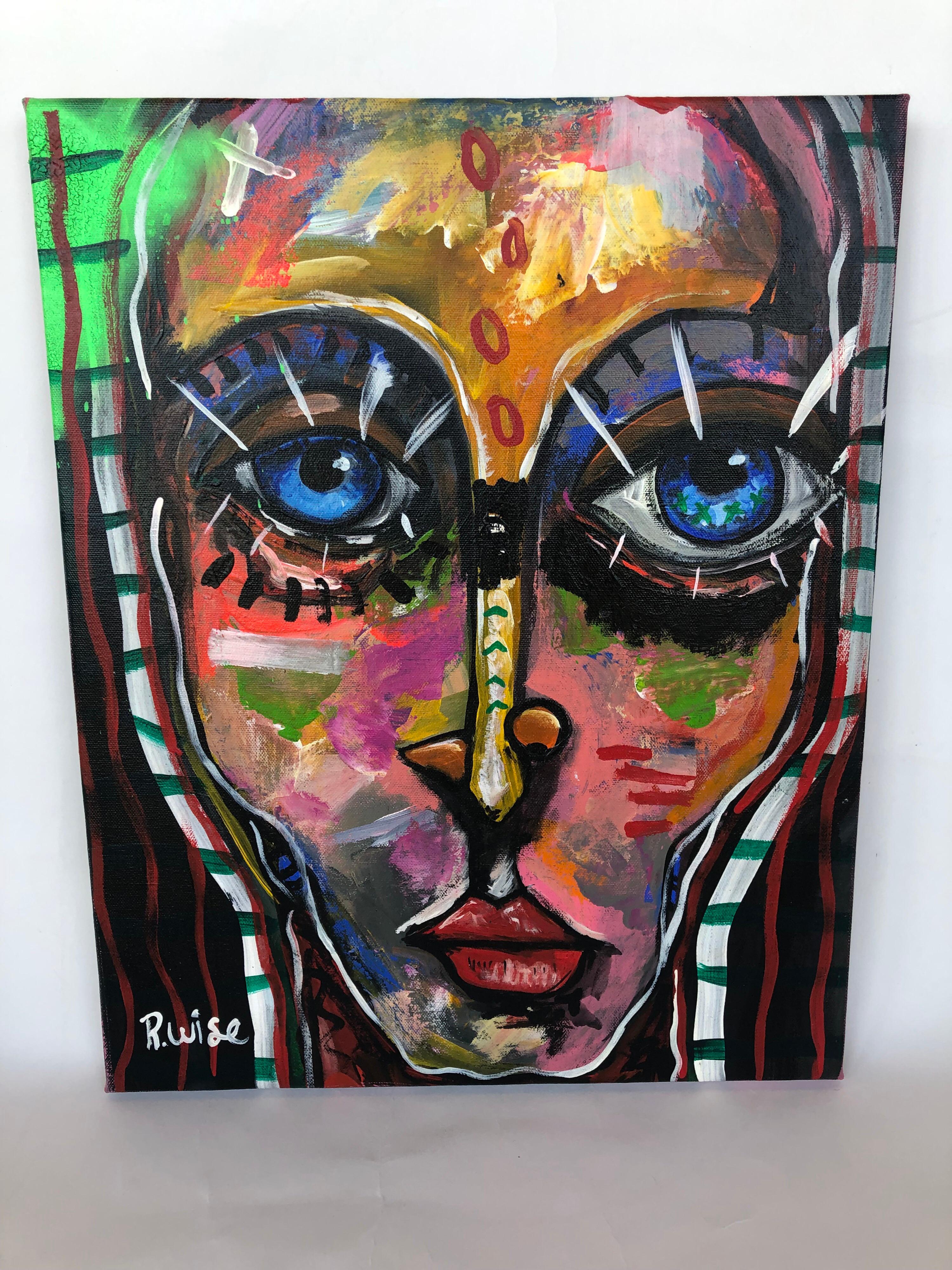 An abstract painting of a face in acrylic on canvas. Signed bottom left. By Rodrigo Wise.