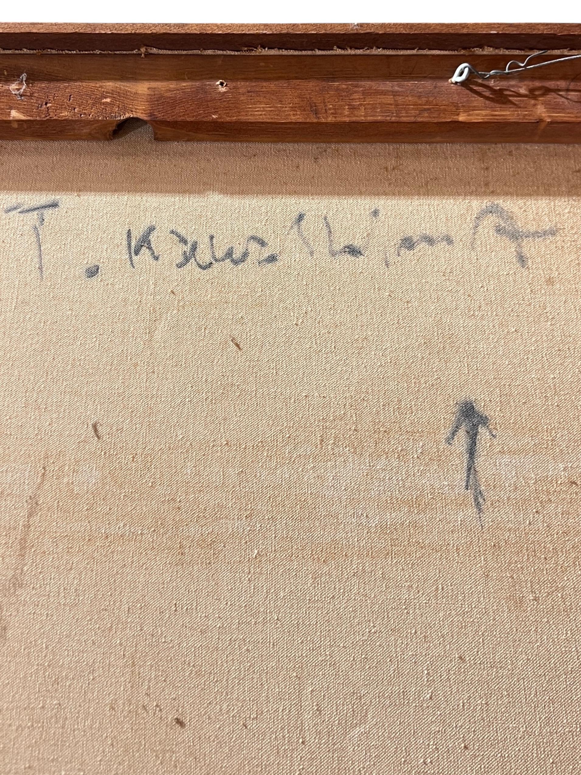 Abstract oil on canvas depicting two pictographs in red and black by the Japanese American painter, Takeshi Kawashima (1930- ) dating from 1965, mounted in simple wooden frame.  Signed and dated on verso.