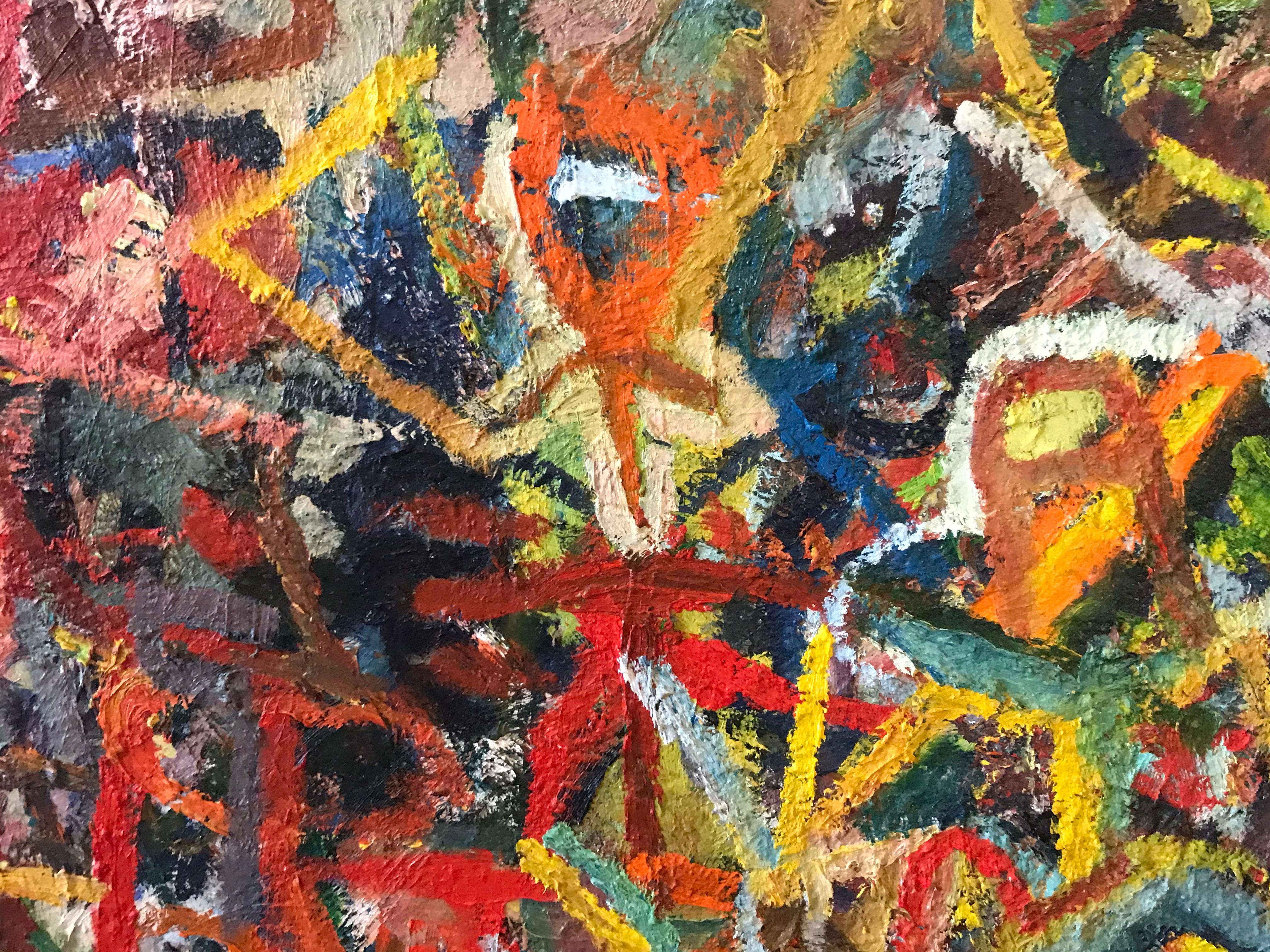 Extremely thick textured and colorful abstract oil painting by Tony Csavas painter and teacher. (1968-2014)
This painting expresses the struggle the painter was experiencing in his life.

  