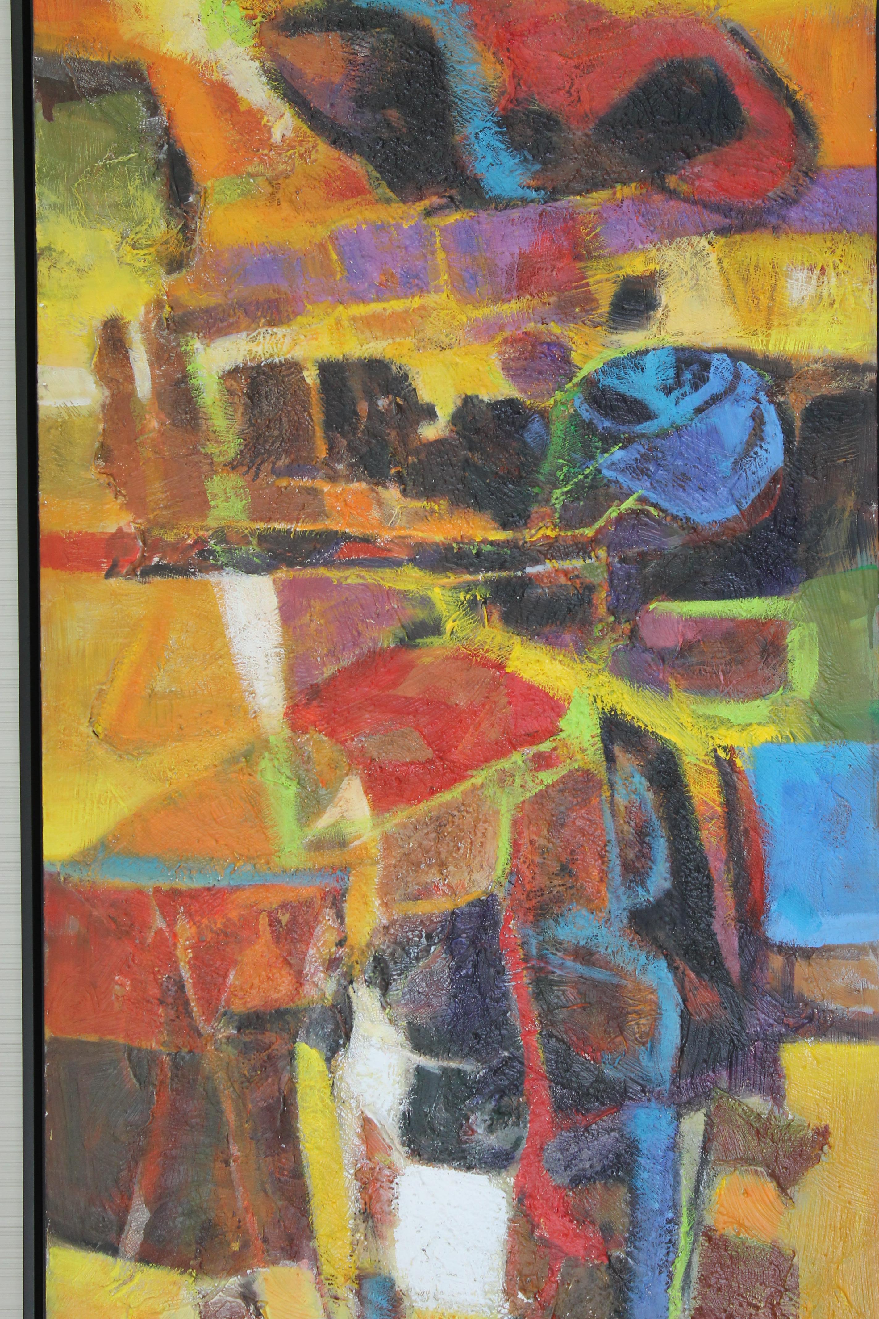 Large and vibrant oil on canvas by Palm Springs artist Val A. Samuelson (Vallance Arnold Samuelson 1913 - 2000). Mr. Samuelson used fabric and sand to achieve a highly textured surface in this dramatic piece. Signed lower right. Measurements are