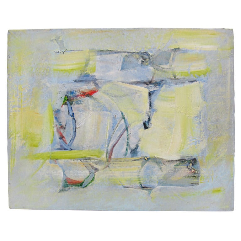 This abstract oil on canvas by listed artist, Wesley Johnson, features soft washes of color over a network of geometric forms beneath. Recently framed in a wood frame stained blue. 
Johnson, elusive yet well-known along the West Coast, was