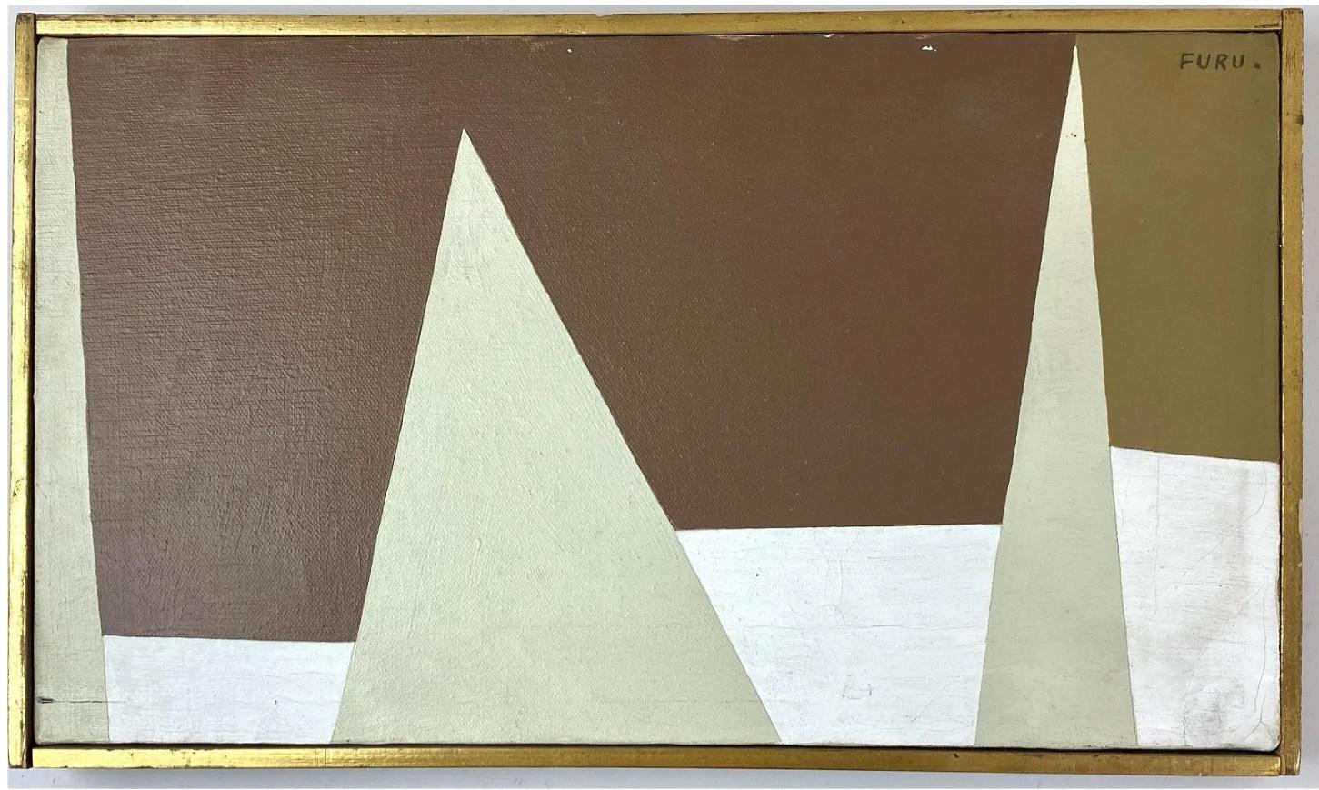 Small abstract geometric painting by Yoshishige Furukawa (Japanese, 1921-2008). Oil on canvas, signed u.r., and again signed and dated 1966 on verso stretcher. 9.75