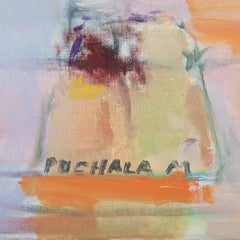 Pintura abstracta "Fin Du Jour" en colores naranja-azul de Michel Puchala
