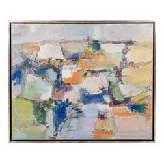 Abstract Painting "Fin Du Jour" in Friendly Orange-Blue Colors by Michel Puchala