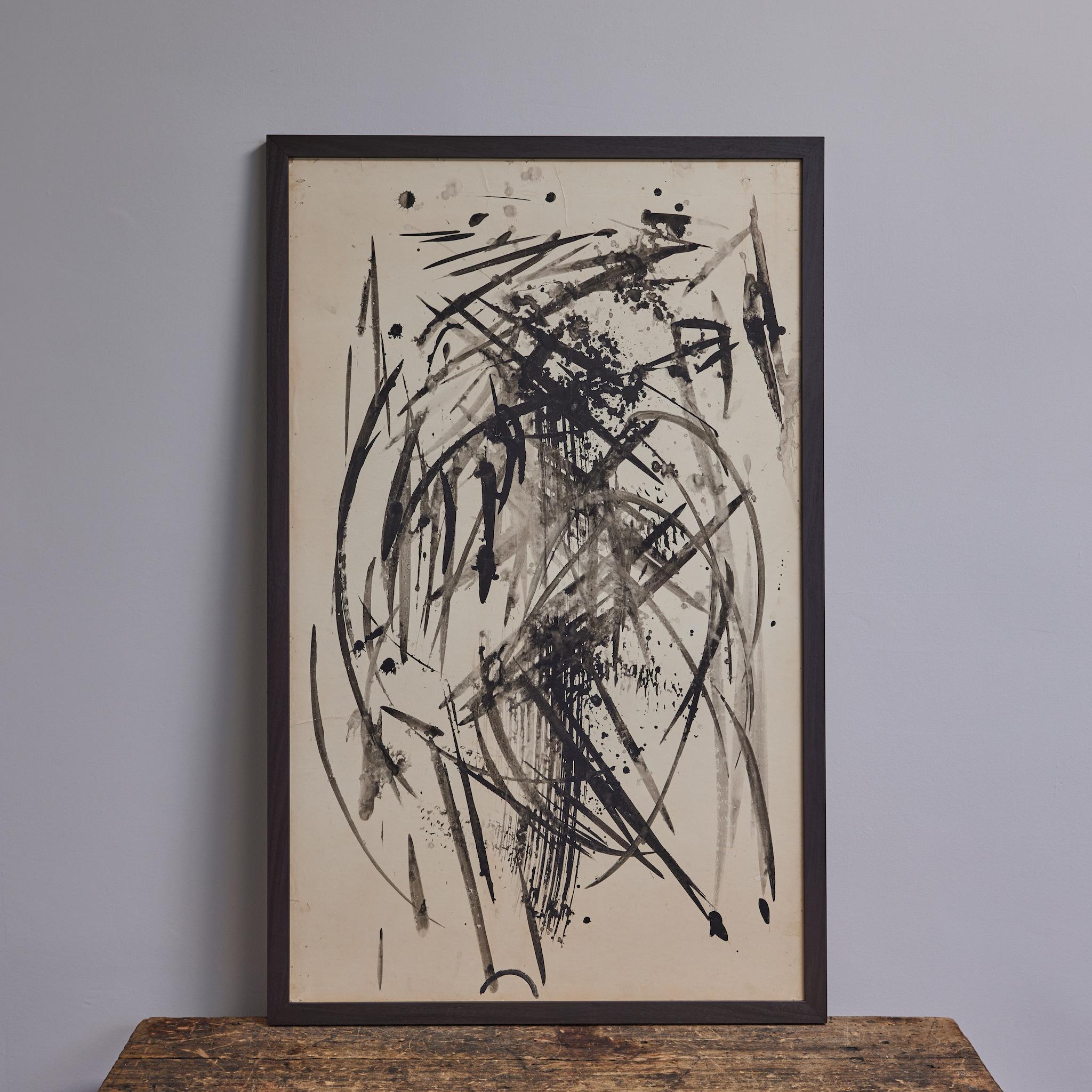 French mid-century black and white Abstract Expressionist oil painting on canvas. With a highly energetic quality, the piece is evocative of the later experiments of Kandinsky and Pollock. The fluid brushstrokes create a lively, calligraphic effect,