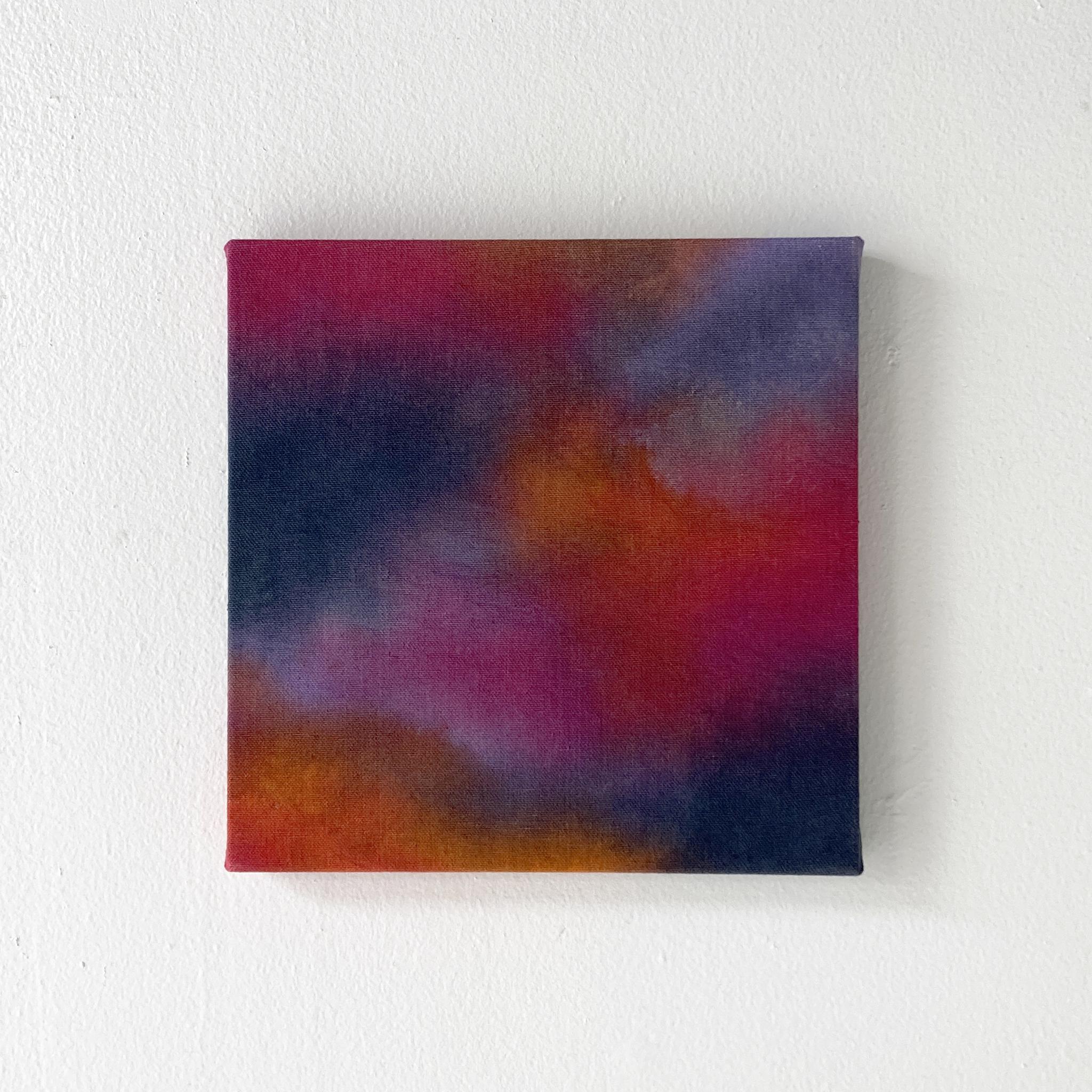 An ethereal abstract painting, created in our NYC studio. This 10 x 10 inch canvas is a place for the eye to wander. Magenta, persimmon, navy and lilac create a calming yet vibrant piece.

This series of paintings is an extension of my exploration