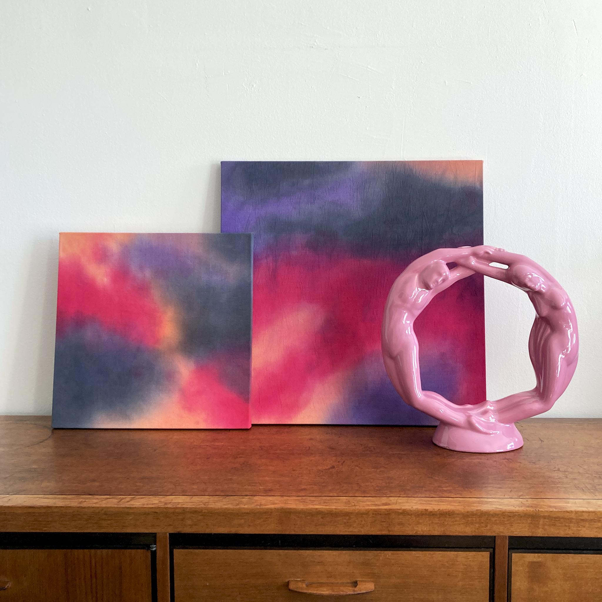 Modern Abstract Painting in Magenta, Slate, Peach, Lilac, 16 x 16 inches, Contemporary For Sale