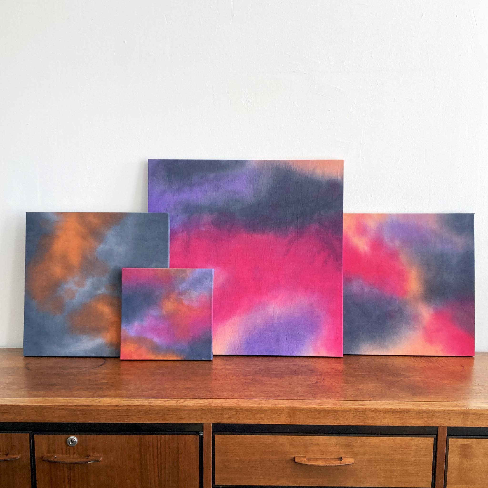 Hand-Painted Abstract Painting in Magenta, Slate, Peach, Lilac, 16 x 16 inches, Contemporary For Sale