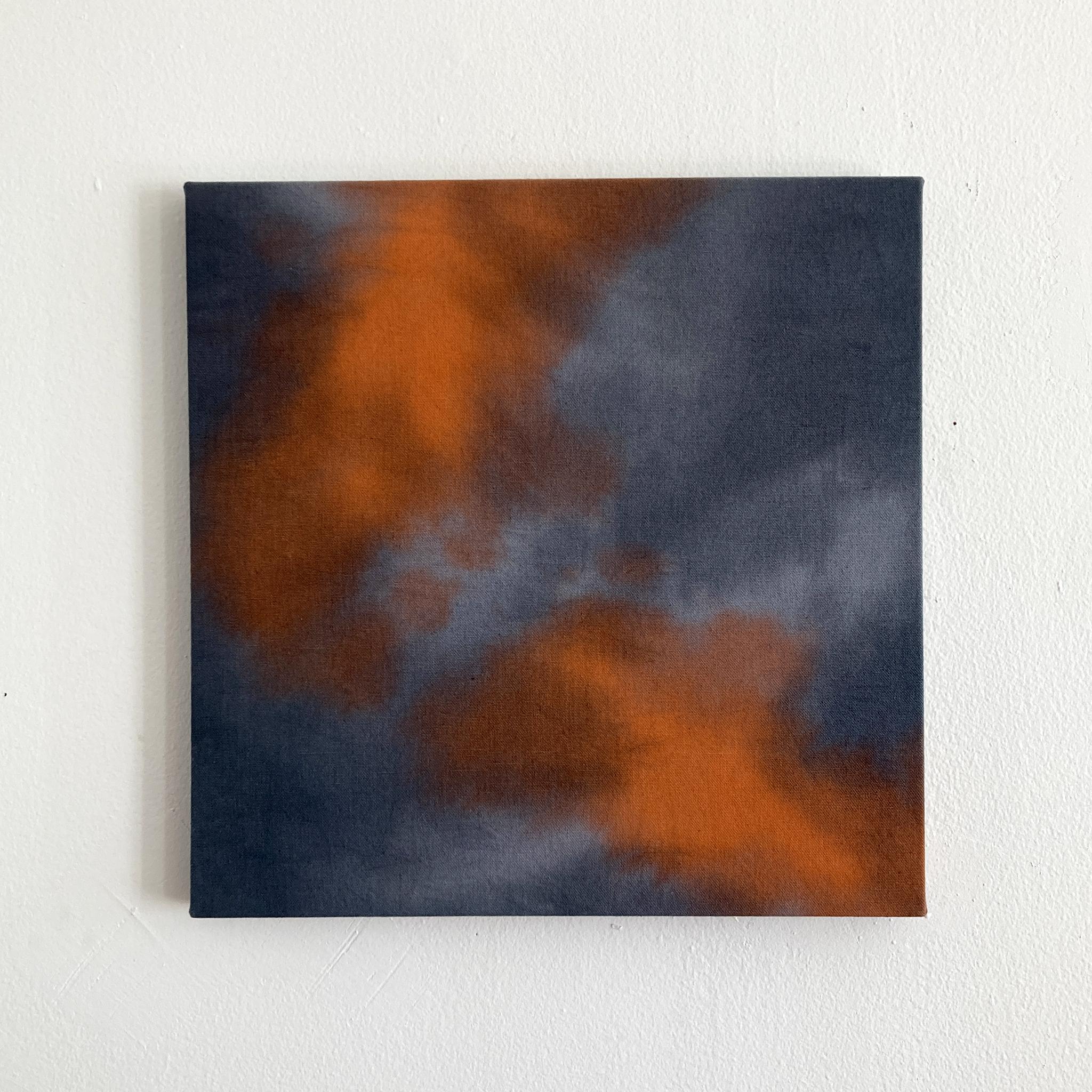 An ethereal abstract painting, created in our NYC studio. This 16 x 16 inch canvas is a place for the eye to wander. Navy, slate gray, and persimmon orange create a calming yet vibrant piece.

This series of paintings is an extension of my