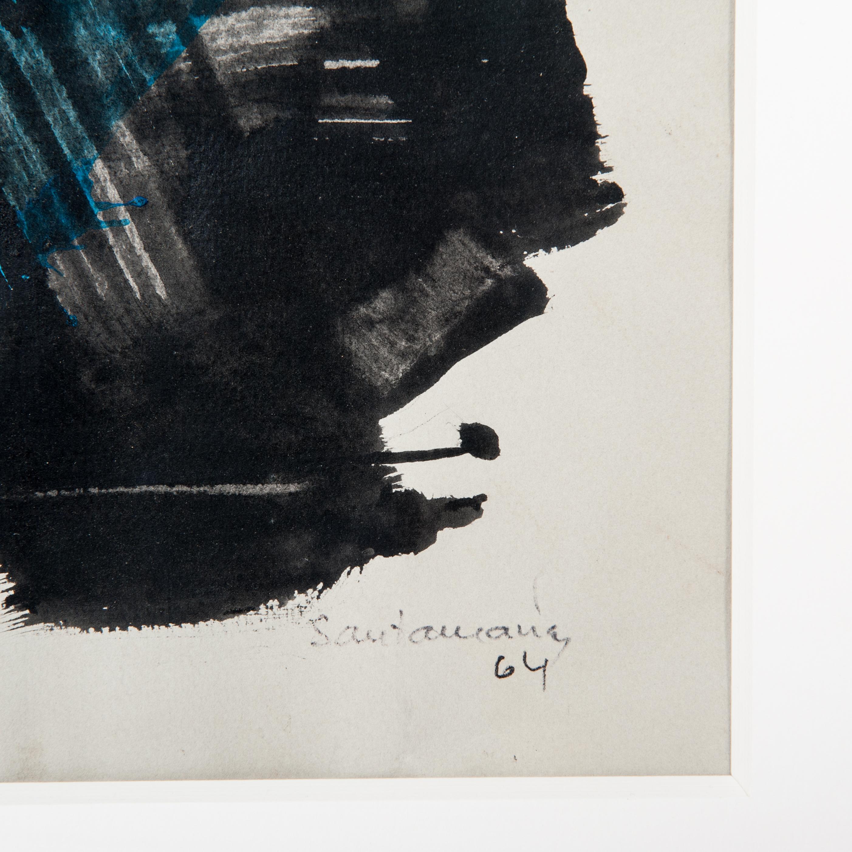 Mid-Century Modern Peinture abstraite du milieu du siècle dernier en turquois-noir, signée par R. Santamaria, 1964 en vente