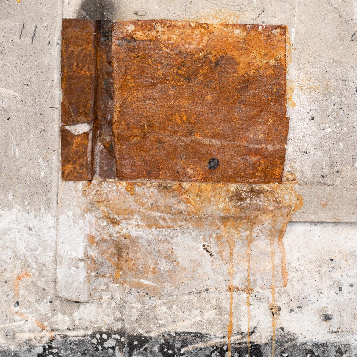 Metal Abstract Painting Mixed Media in Gray-white-rust-black by Hassan Bourkia, 2008 For Sale