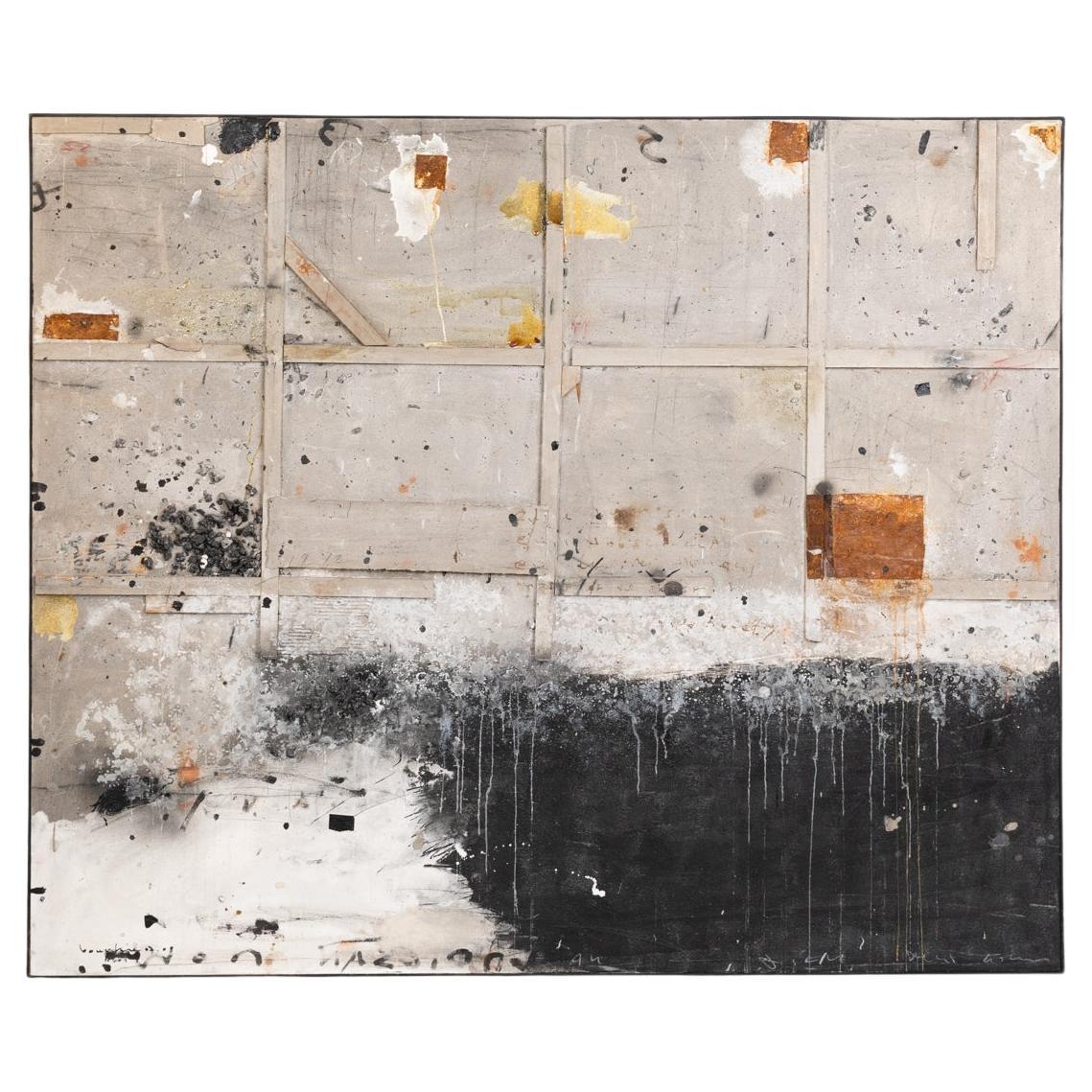 Abstract Painting Mixed Media in Gray-white-rust-black by Hassan Bourkia, 2008 For Sale