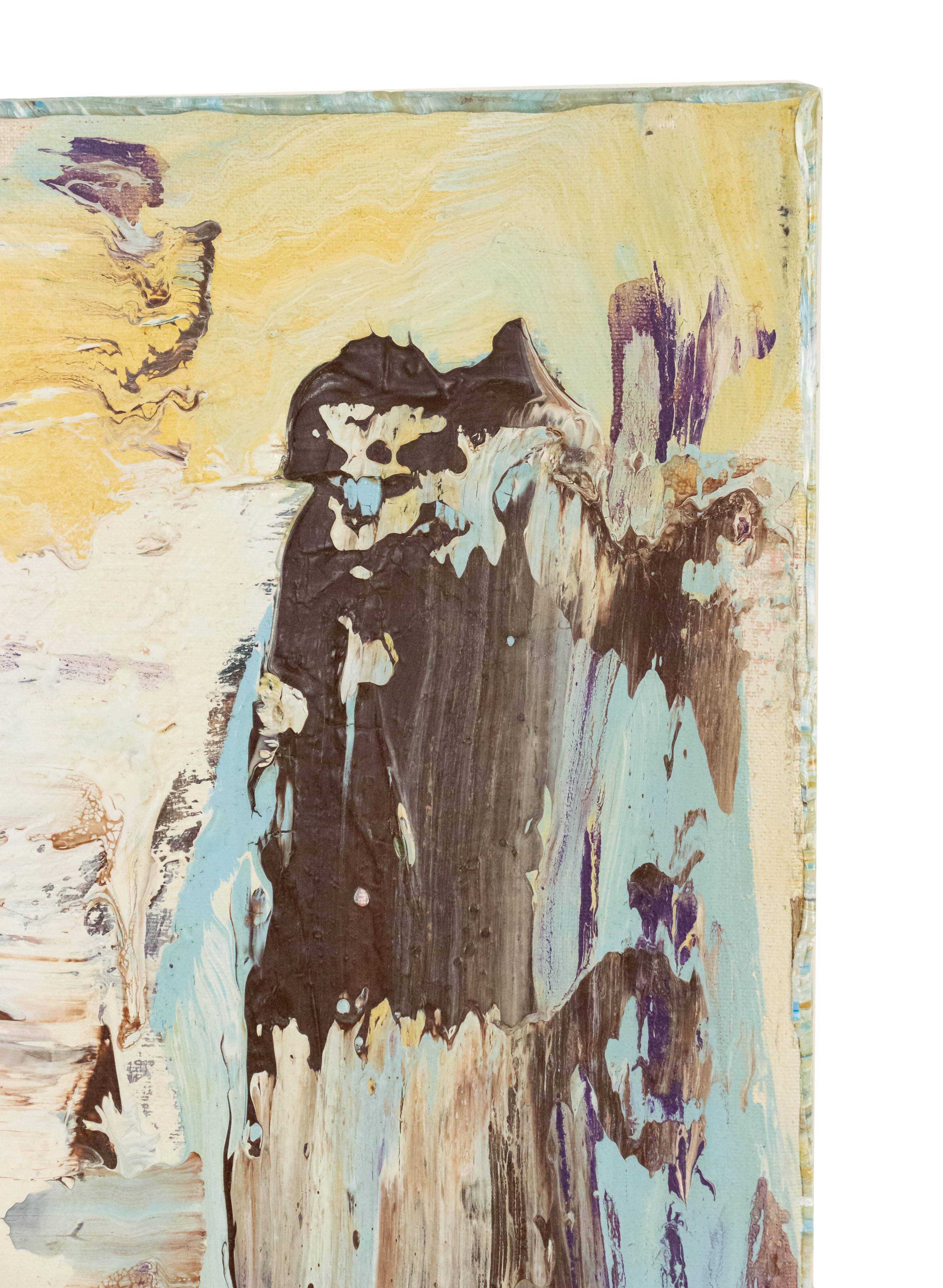 Abstraktes abstraktes Gemälde aus schwarzen Quadraten mit blauen und gelben Schleifen (amerikanisch) im Angebot
