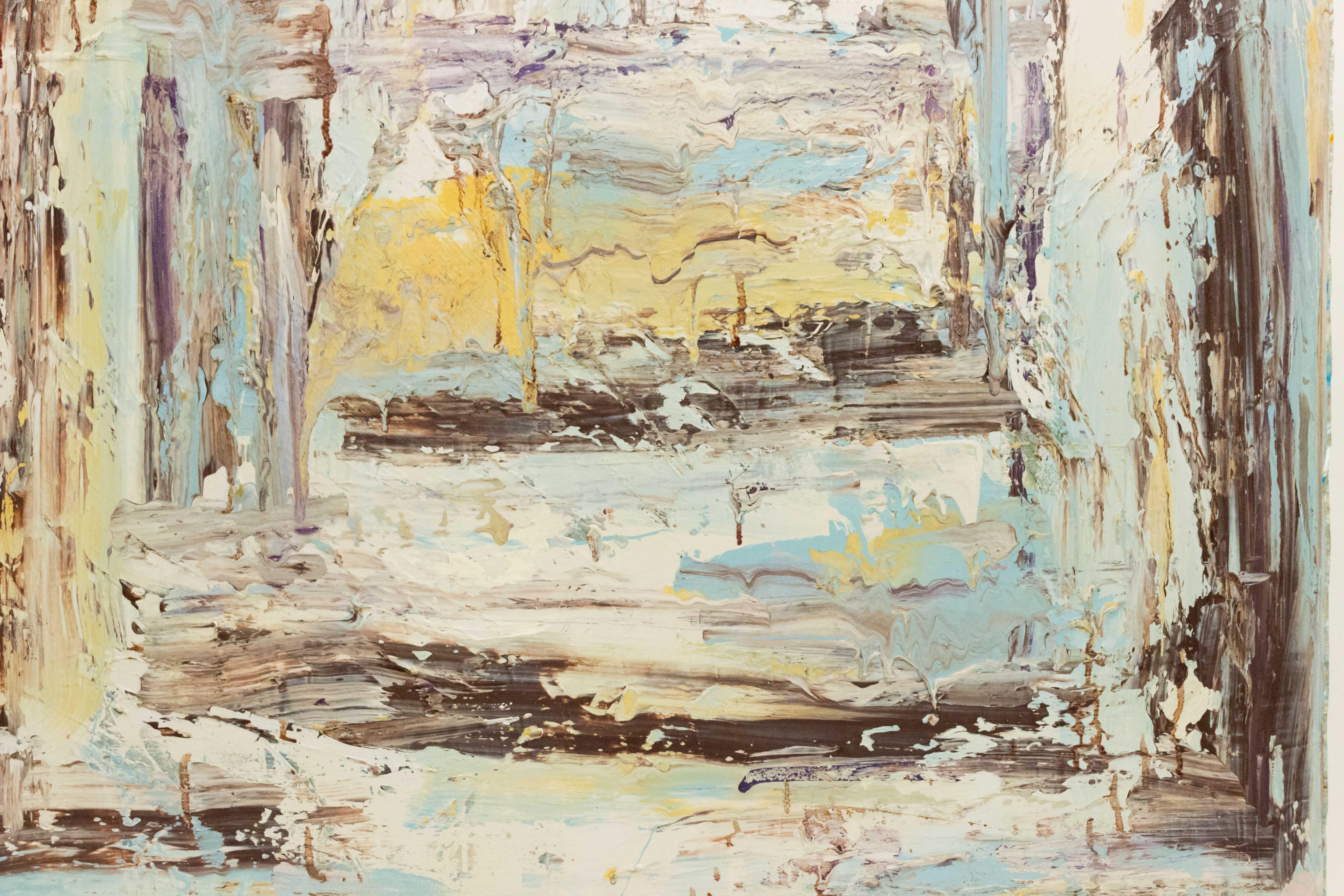 Abstraktes abstraktes Gemälde aus schwarzen Quadraten mit blauen und gelben Schleifen (21. Jahrhundert und zeitgenössisch) im Angebot