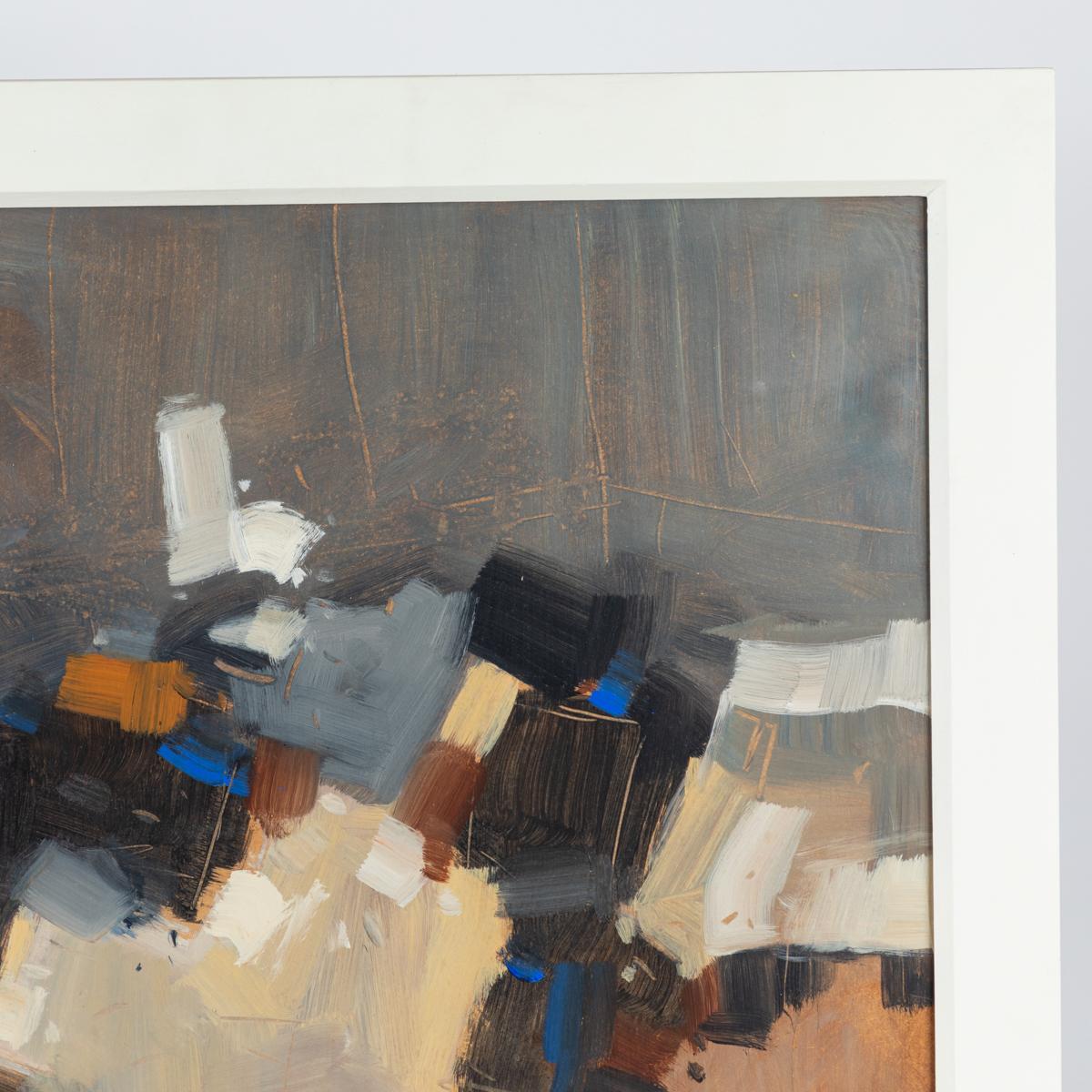 Abstract painting of browns and blues in white frame by artist Malcolm Chandler, circa 2015.