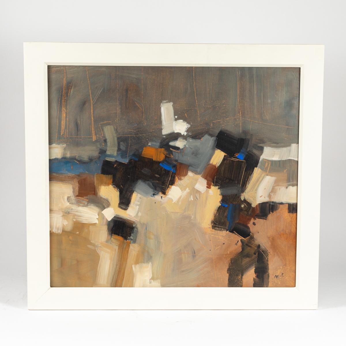 Contemporary Abstract Painting of Browns and Blues in White Frame by Artist Malcolm Chandler