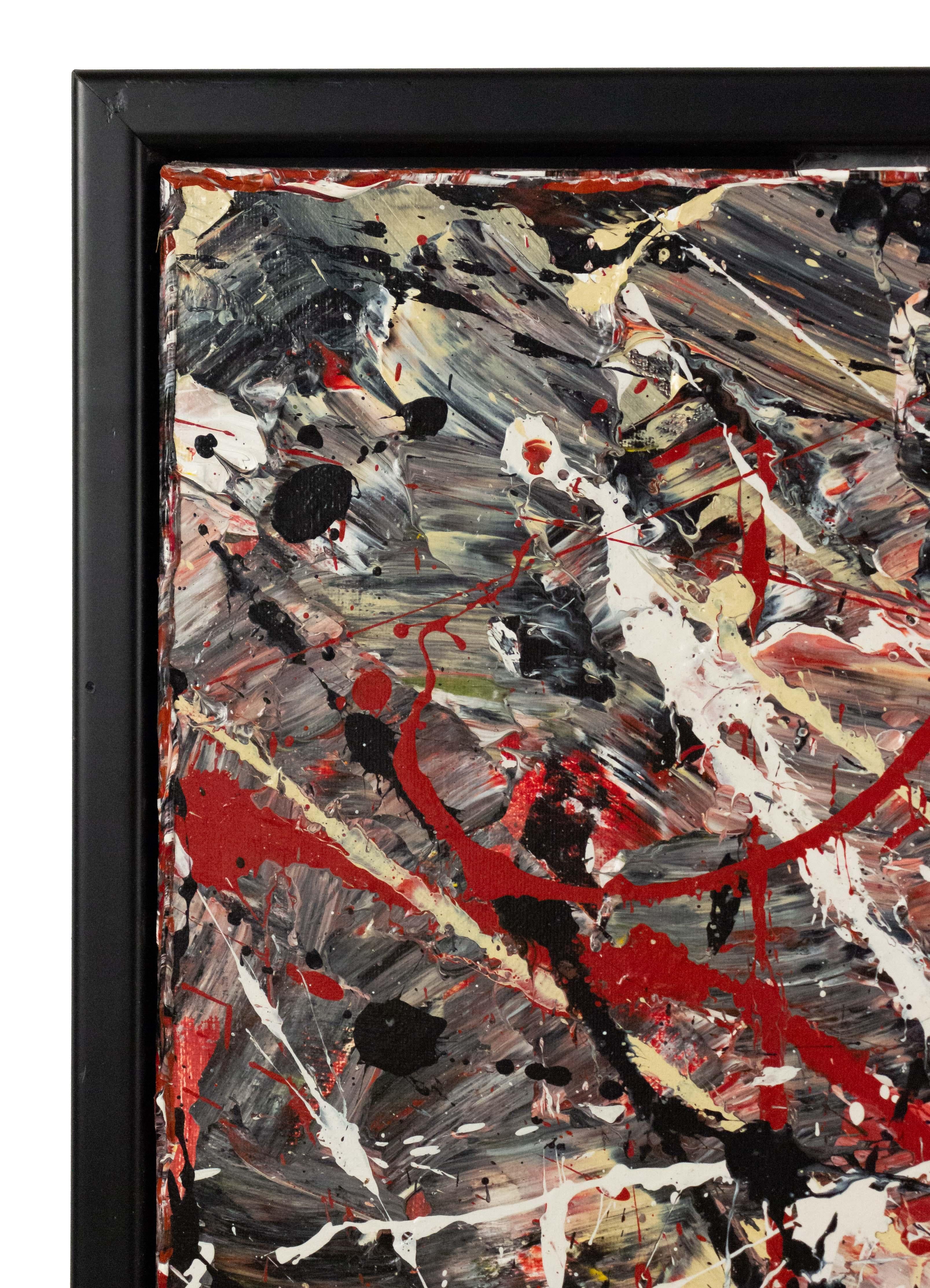 Acrylique sur toile, peinture abstraite d'action en rouge, noir et blanc par Richard Rumi, 