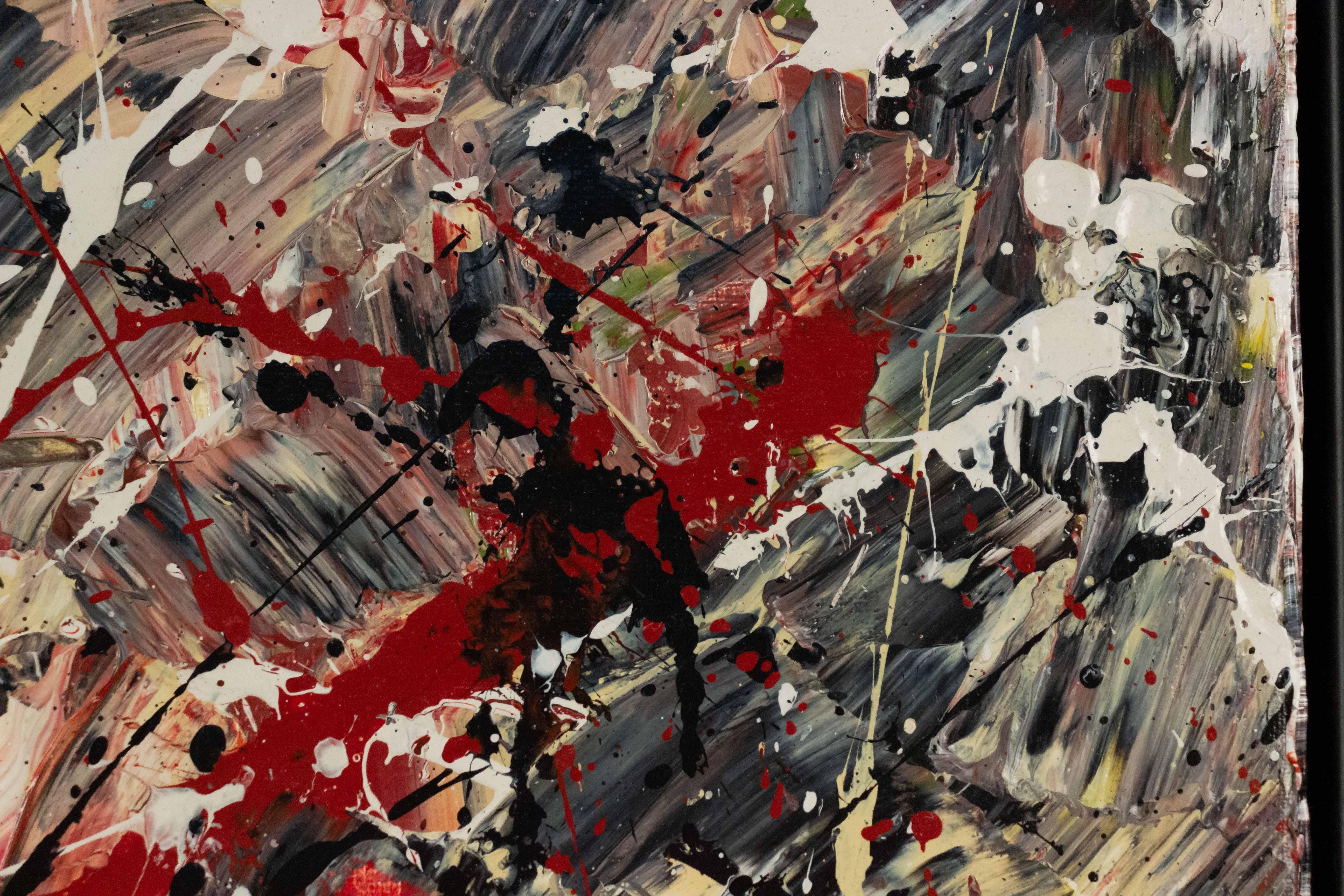 Abstraktes abstraktes Gemälde aus tropfender Farbe in einem schwarzen Rahmen (amerikanisch) im Angebot
