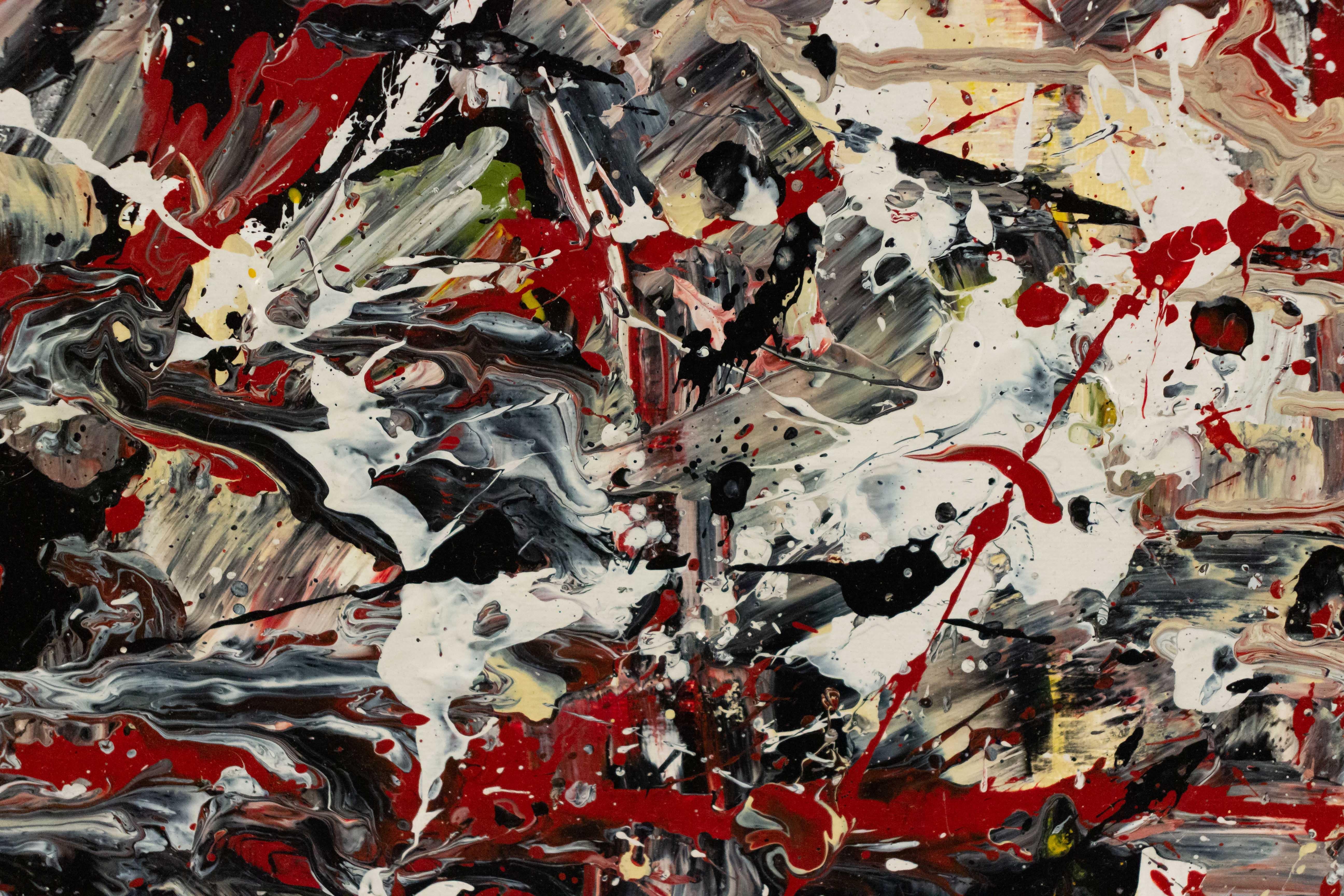 Abstraktes abstraktes Gemälde aus tropfender Farbe in einem schwarzen Rahmen im Zustand „Gut“ im Angebot in New York, NY
