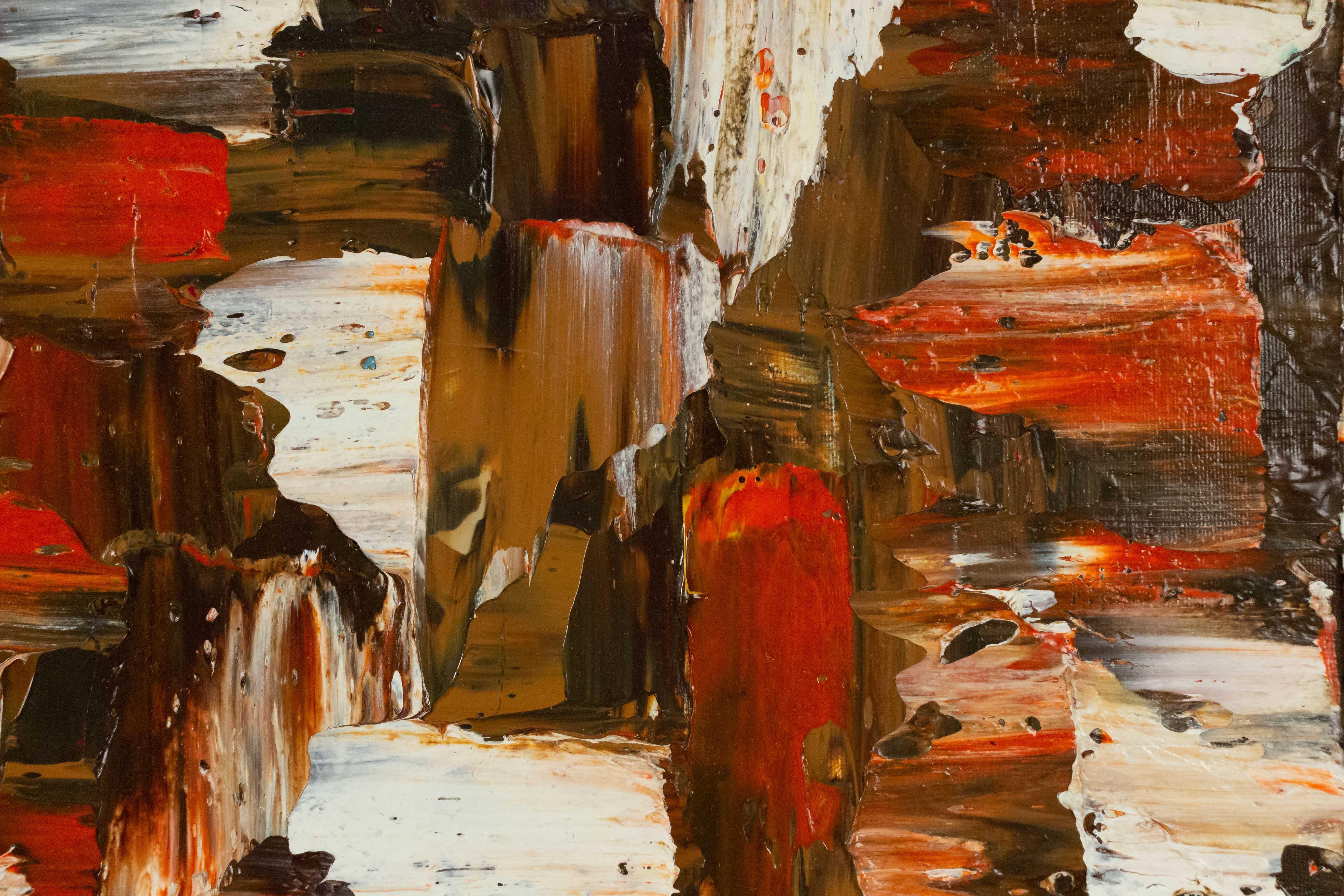 Moderno Pittura astratta di quadrati rossi, marroni e bianchi in vendita