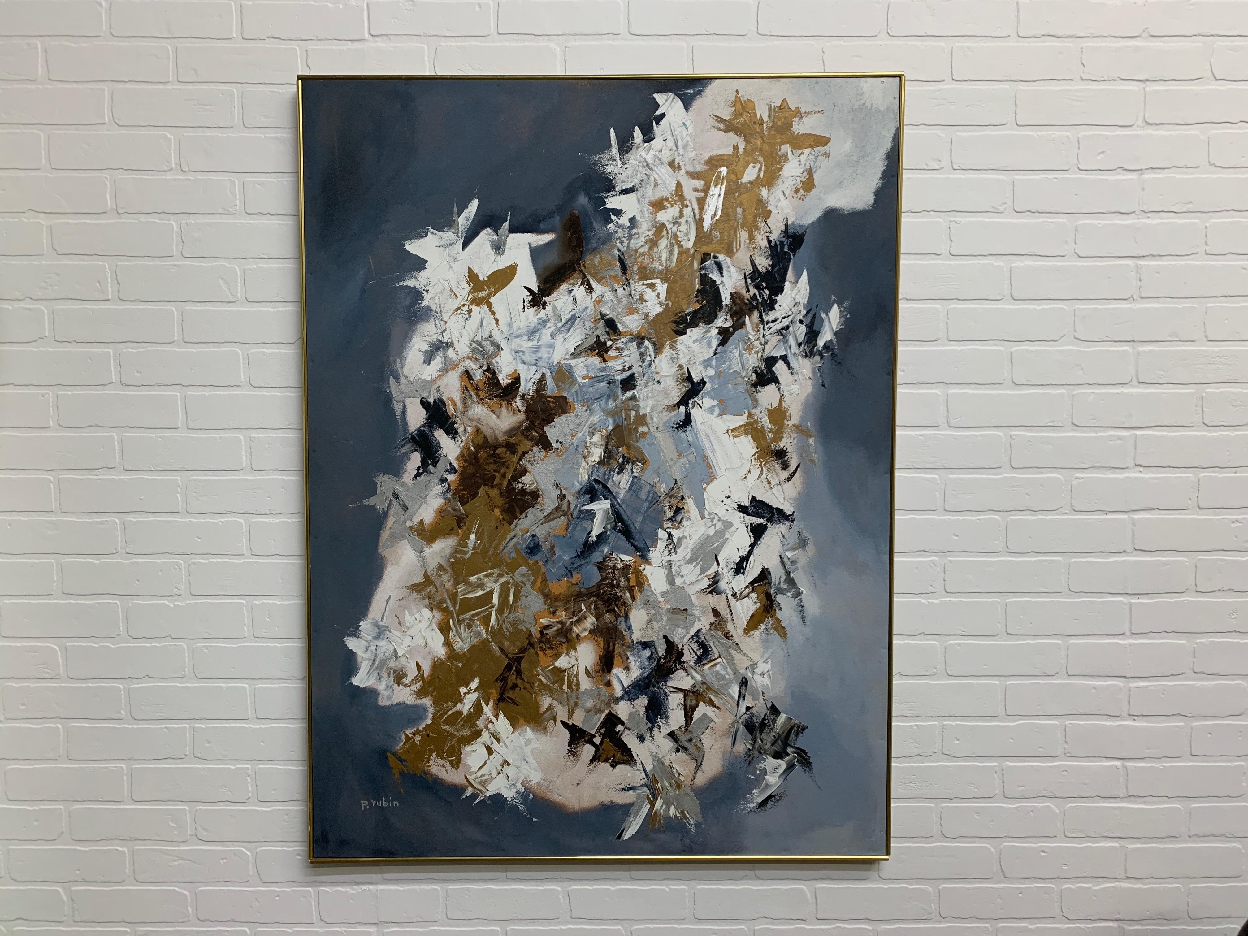Abstract of blue brown white and golden yellow by P. Rubin in a frame of wood with brass trim.