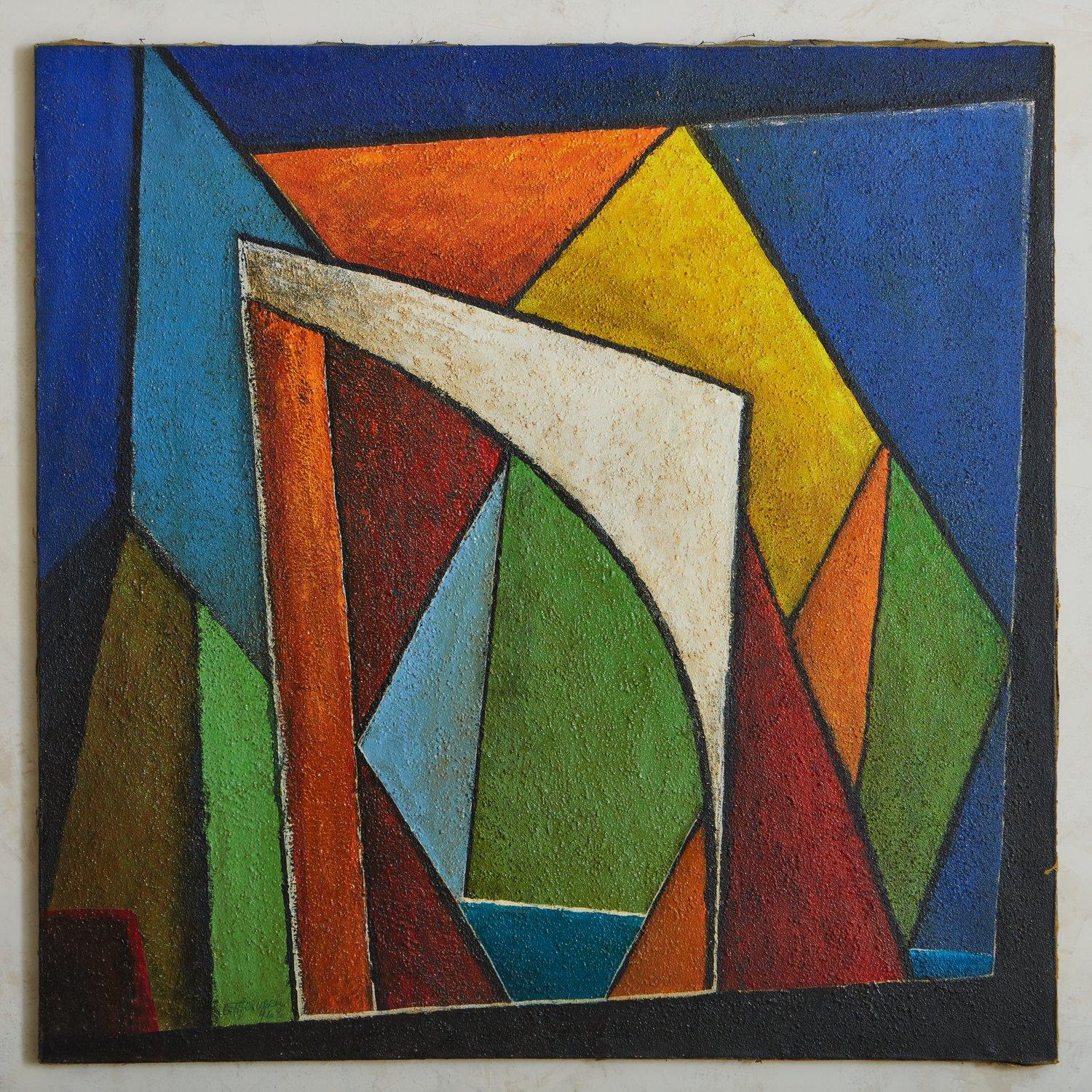 A Mid Century painting on canvas by Italian artist Attilio Ferracin (1912-1999) featuring bright, primary colors in an abstract design. Signed and dated 1970 en verso.