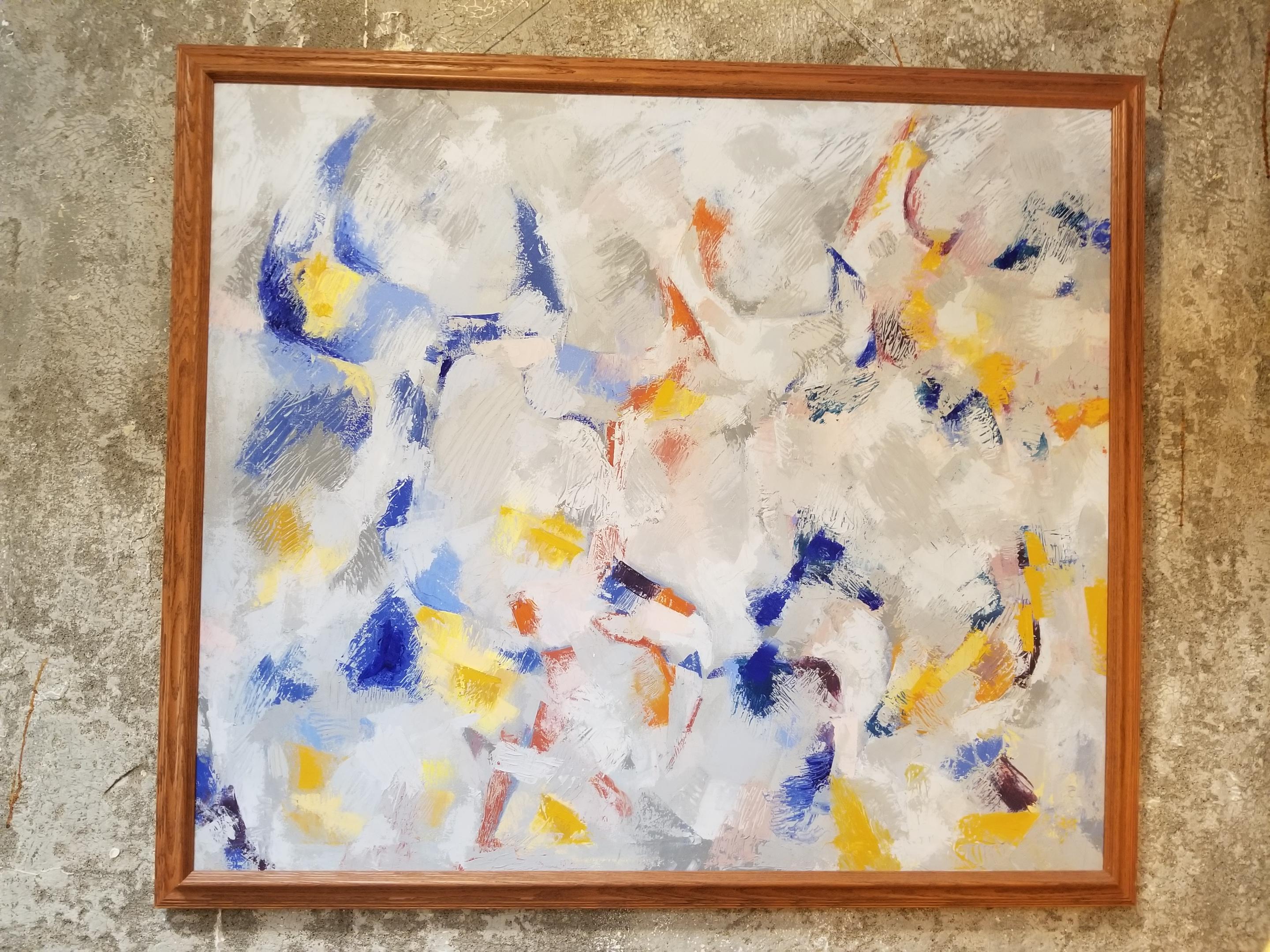 Abstract pastel painting on canvas, late 20th century. Pencil signed on verso, signature undecipherable. Mounted in oak frame. Measures: 38.88