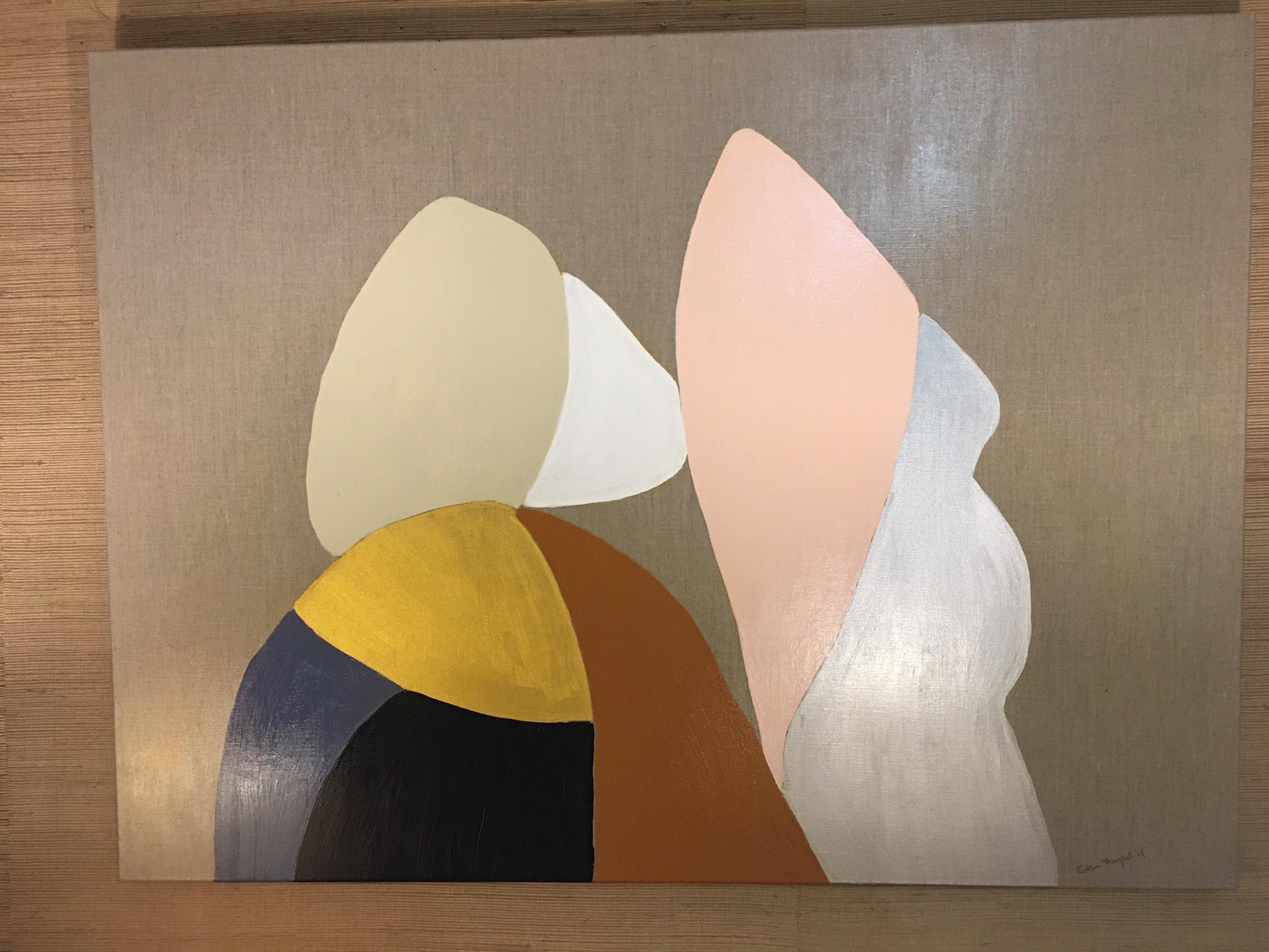 This is an original abstract painting by Raleigh artist Ellan Maynard. It measures 48 x 36 and features gold, paynes gray, blush, gold, silver, ochre and tan. Ready to hang. Unframed.