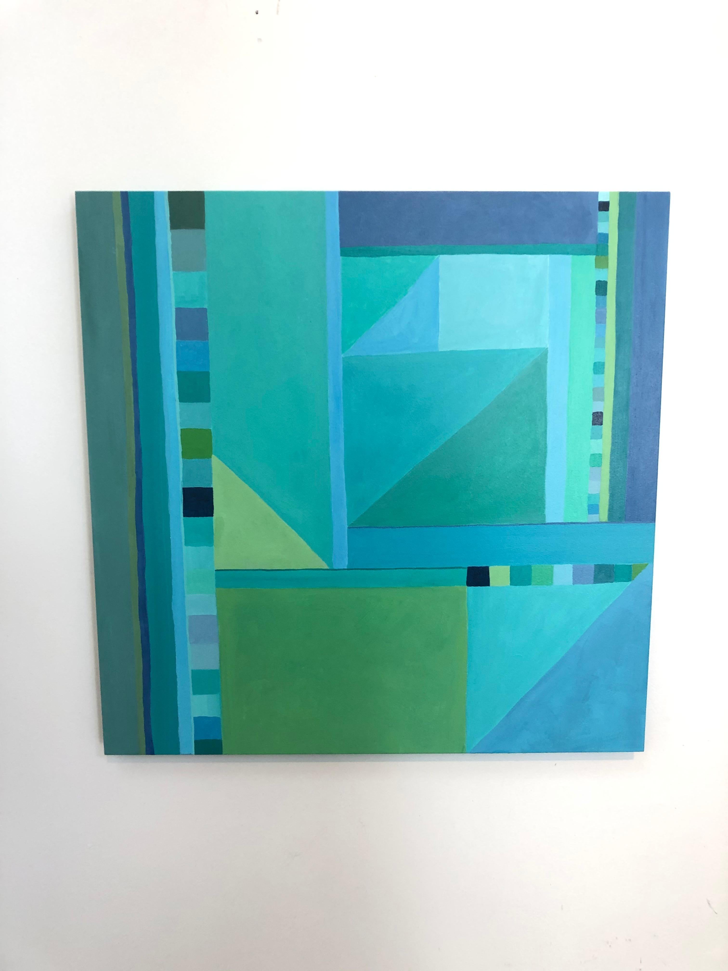 A striking geometric abstract painting with squares, lines, triangles and rectangles, in a soothing composition and color palette of blues and greens. Painted on sides so not intended to be framed.