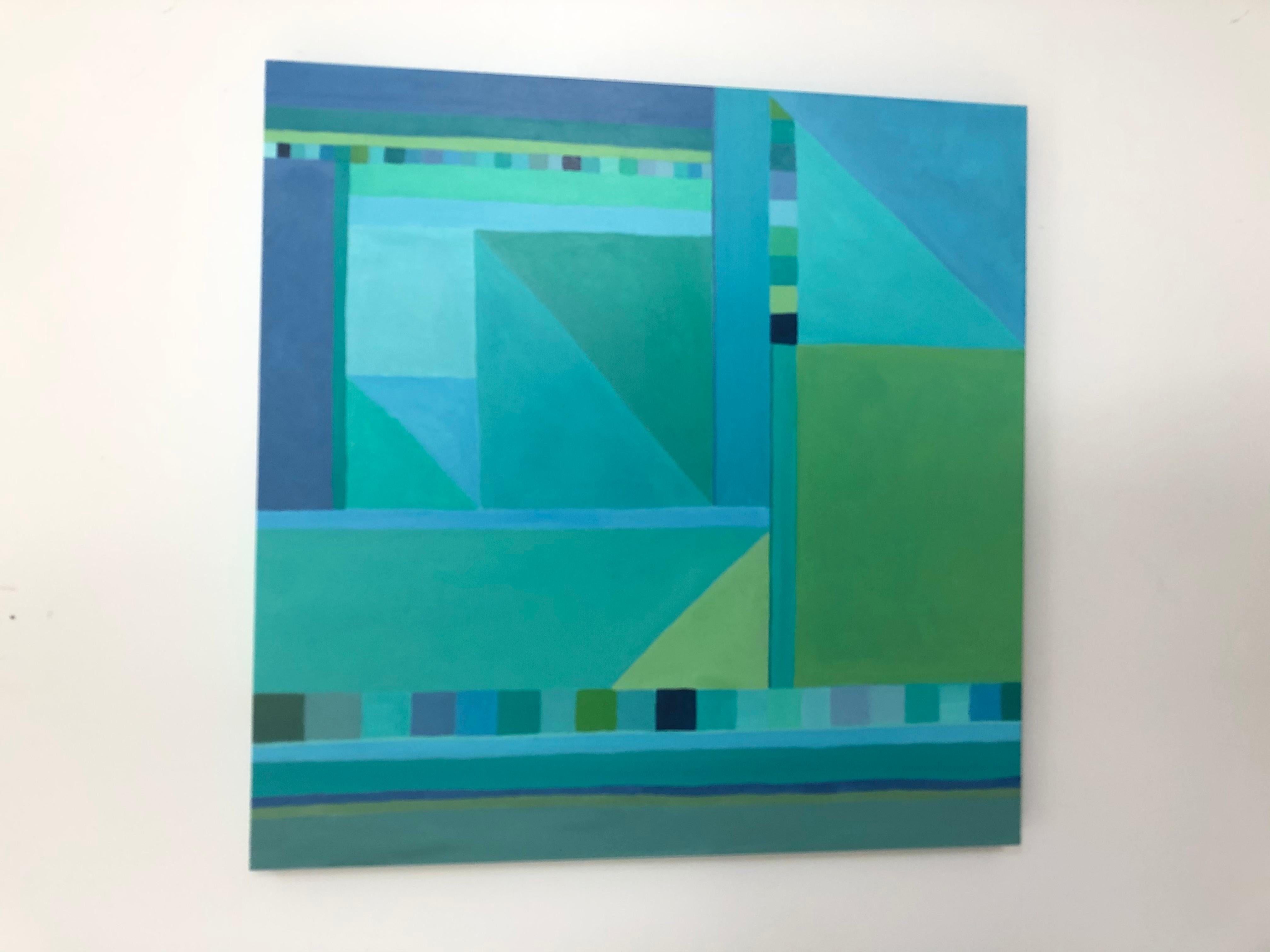 American Abstract Painting on Panel in Blues and Greens For Sale