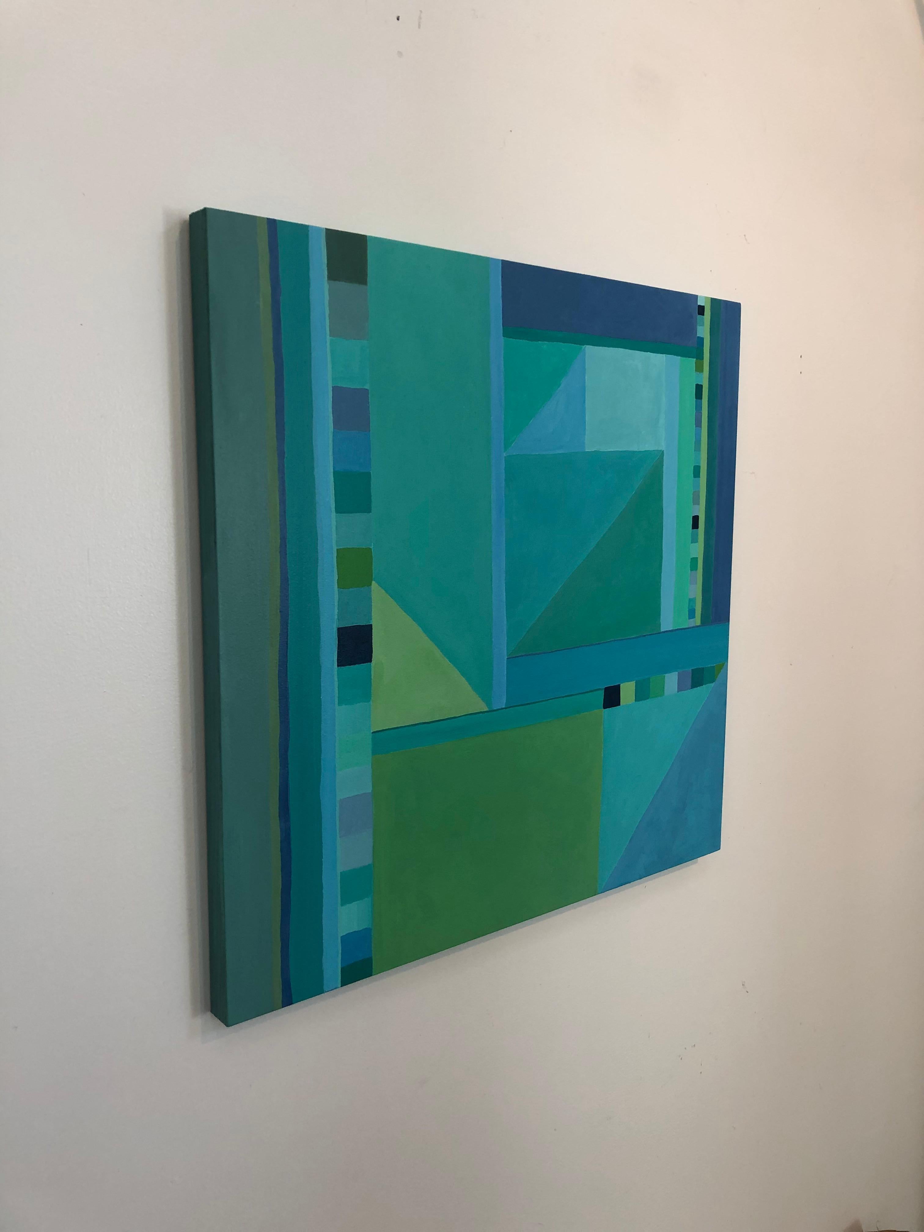 Contemporary Abstract Painting on Panel in Blues and Greens For Sale