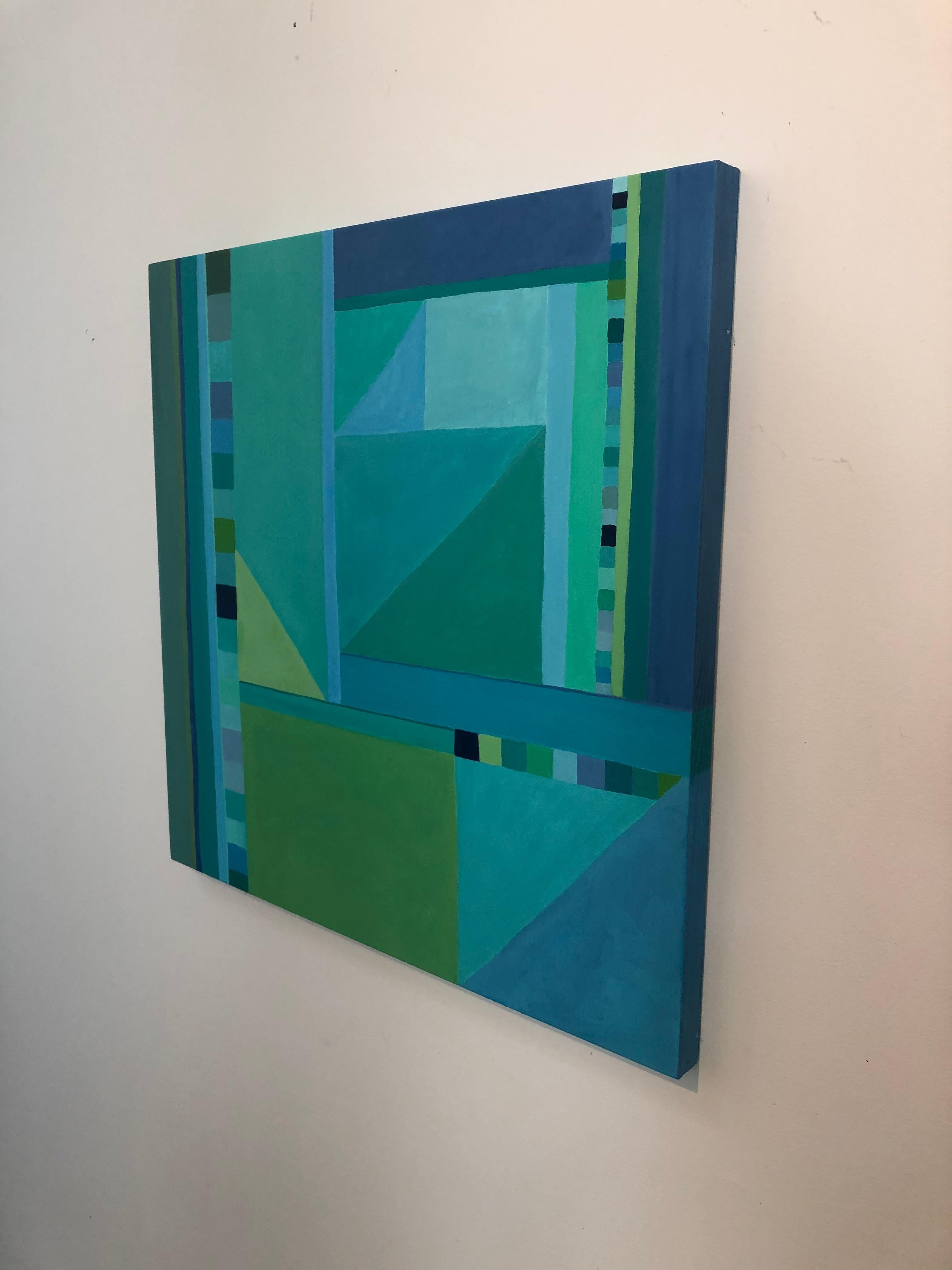 Acrylic Abstract Painting on Panel in Blues and Greens For Sale