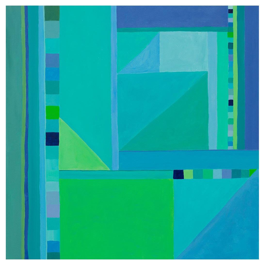 Peinture abstraite sur panneau dans les tons bleus et verts
