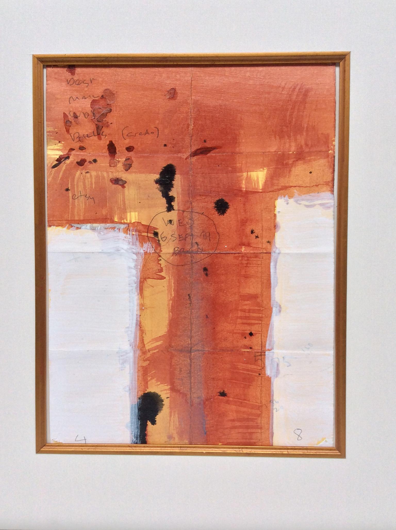 A richly-hued abstract work on paper by the artist M.P. Landis. The abstract paintings and works on paper are the type that take form through the artist's layering of materials. Acrylic and pencil on paper. From the artist's series mixed-media works
