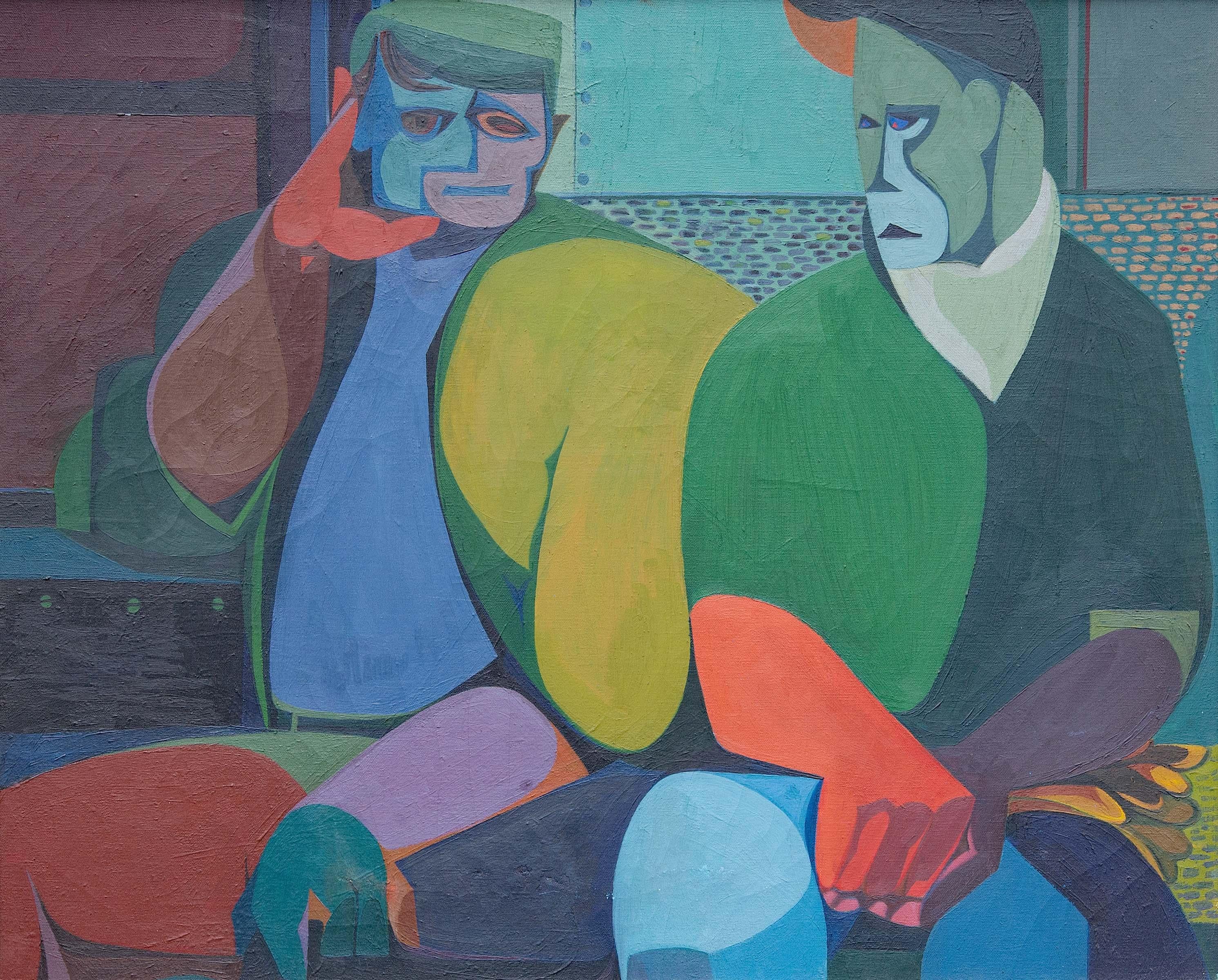 Abstract painting of factory or industrial workers. Painted Christmas eve 1949 by Roy Howard Brown. Beautiful bold colors. In original modernist frame. 