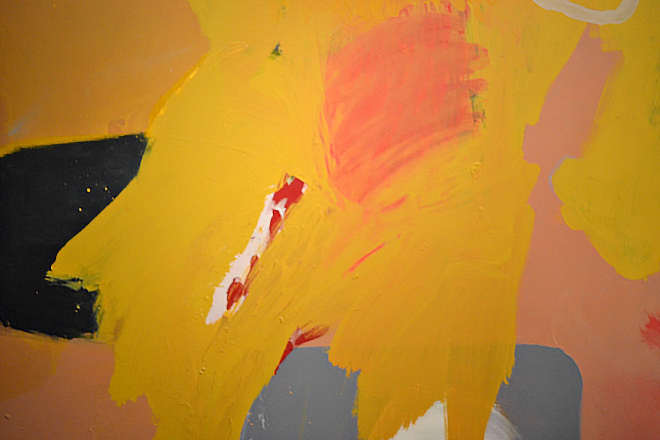 This abstract painting titled Man Is A Savage Beast by artist John Luckett (b. 1951) reflects the artists talent for composition and his passion for design and his quest to understand the origins of formation. A background of gold, ochre and yellow