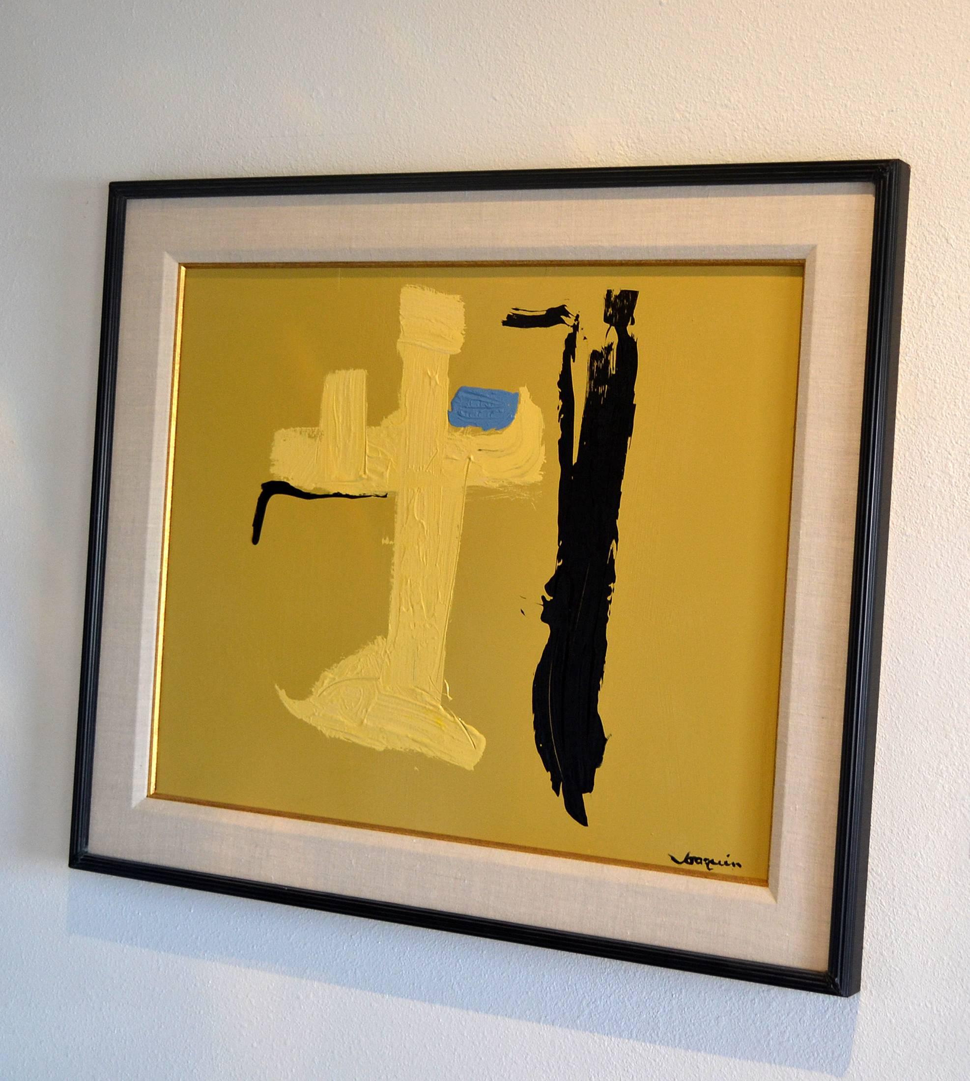 A brilliantly executed abstract painting by listed artist Kenneth Joaquin (b. 1948) titled Touch Of Blue. Executed in acrylic on board, signed lower right. Framed in black molding with ivory linen liner. This painting is currently part of a