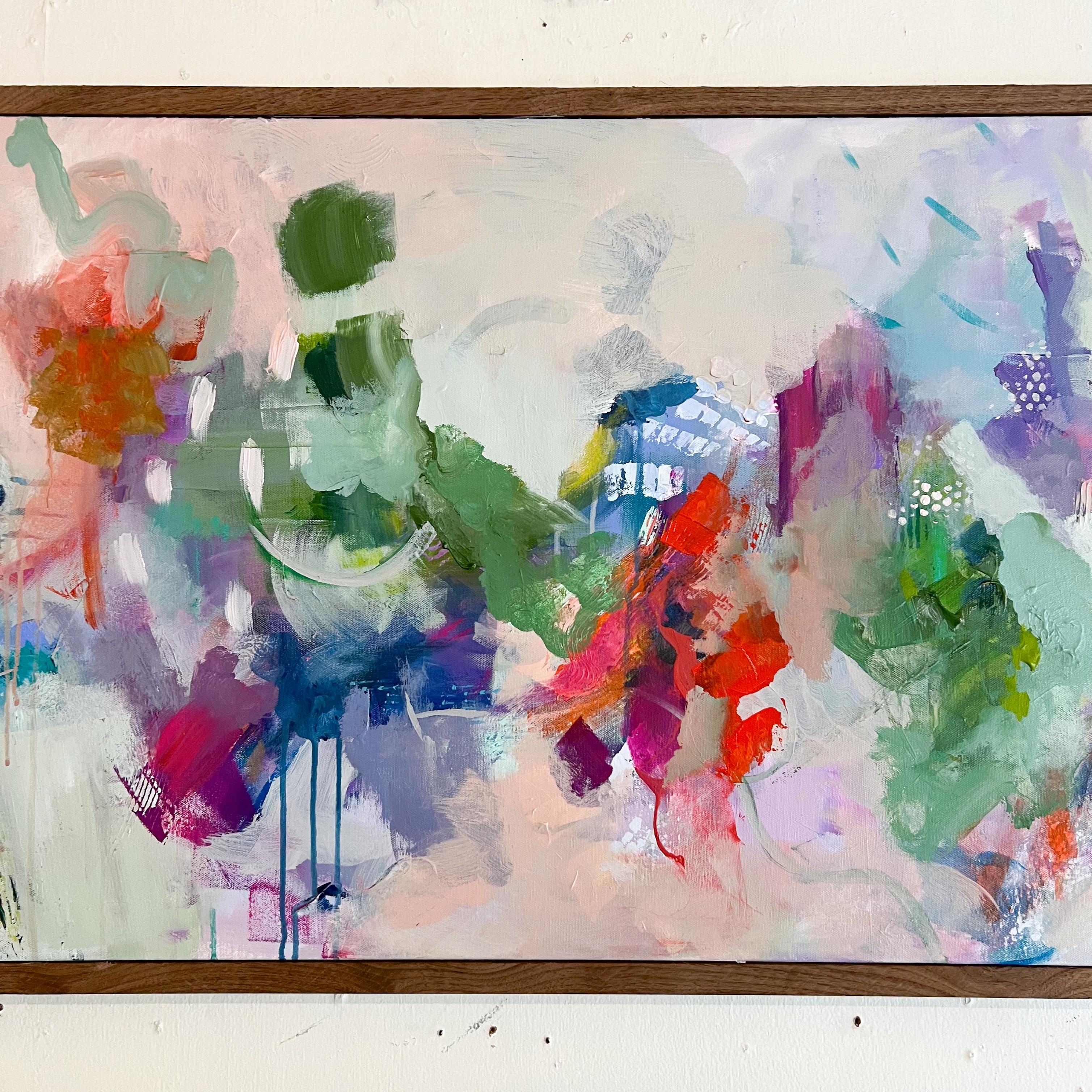 Abstract Painting w/ a Thick Walnut Frame - Greens, Purples, Reds In New Condition For Sale In Asheville, NC
