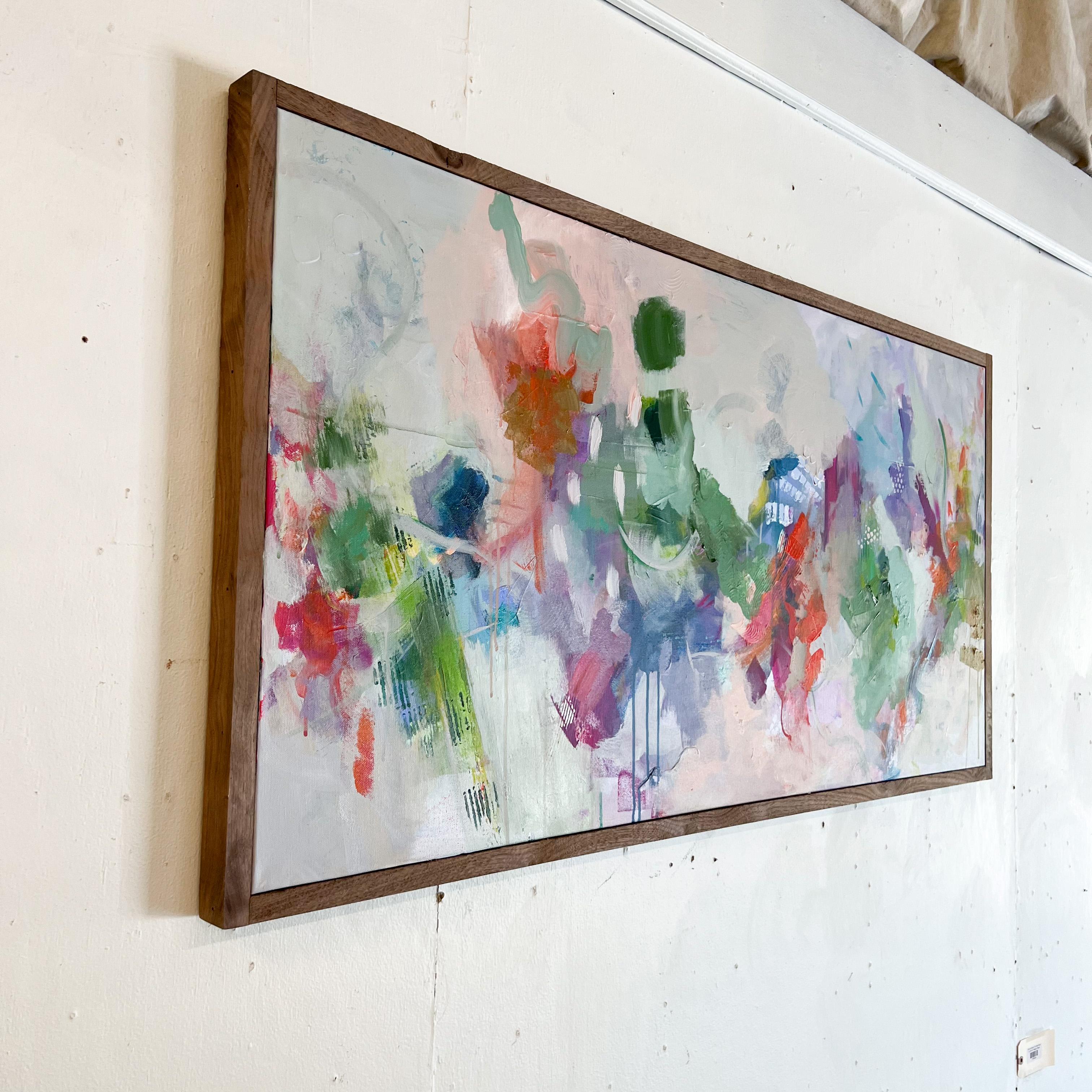 Abstraktes Gemälde mit einem dicken Rahmen aus Nussbaumholz - Grün, Violett, Lila, Rot im Angebot 2