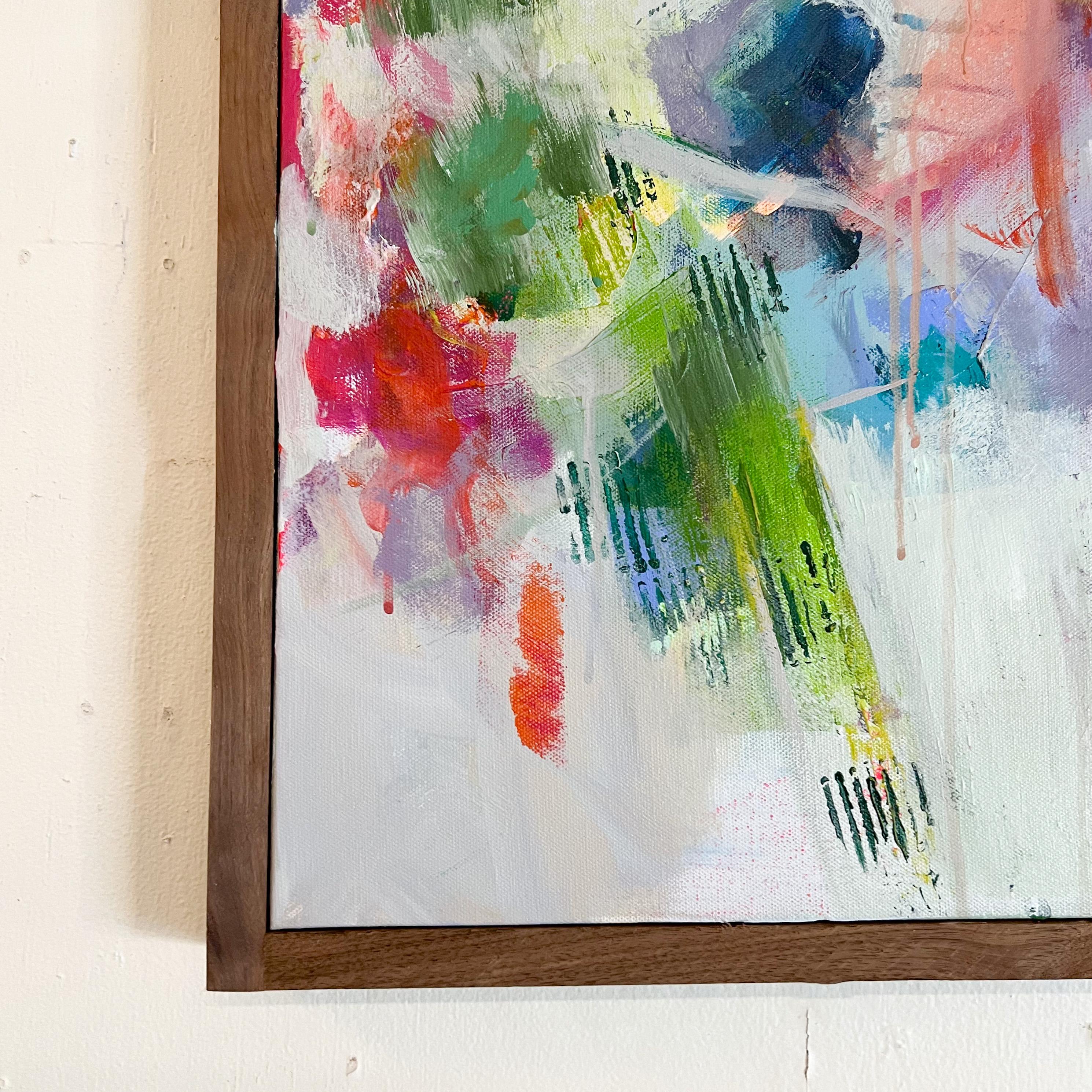 Abstraktes Gemälde mit einem dicken Rahmen aus Nussbaumholz - Grün, Violett, Lila, Rot im Angebot 3