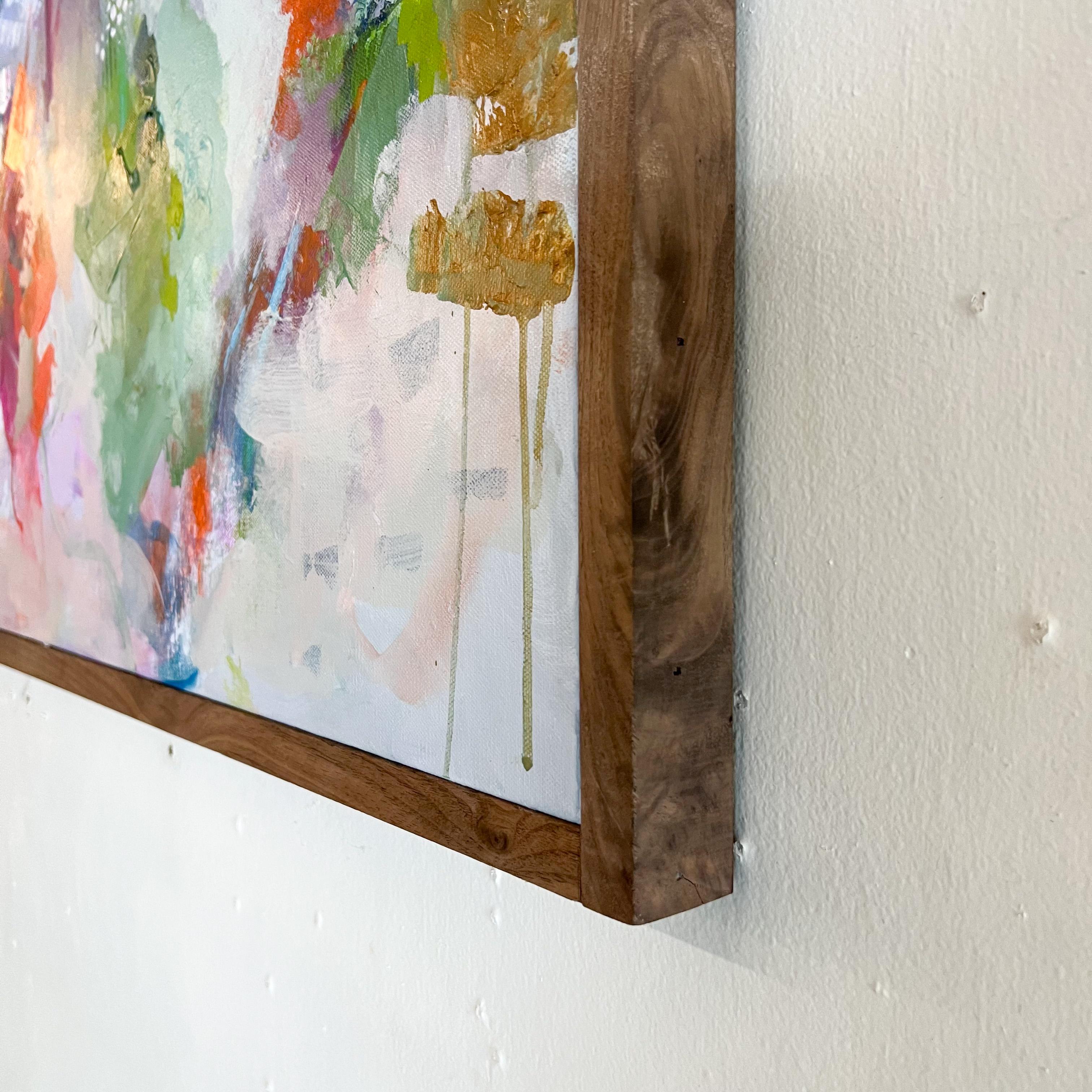 Abstraktes Gemälde mit einem dicken Rahmen aus Nussbaumholz - Grün, Violett, Lila, Rot im Angebot 4