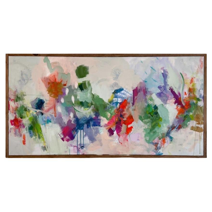 Abstraktes Gemälde mit einem dicken Rahmen aus Nussbaumholz - Grün, Violett, Lila, Rot