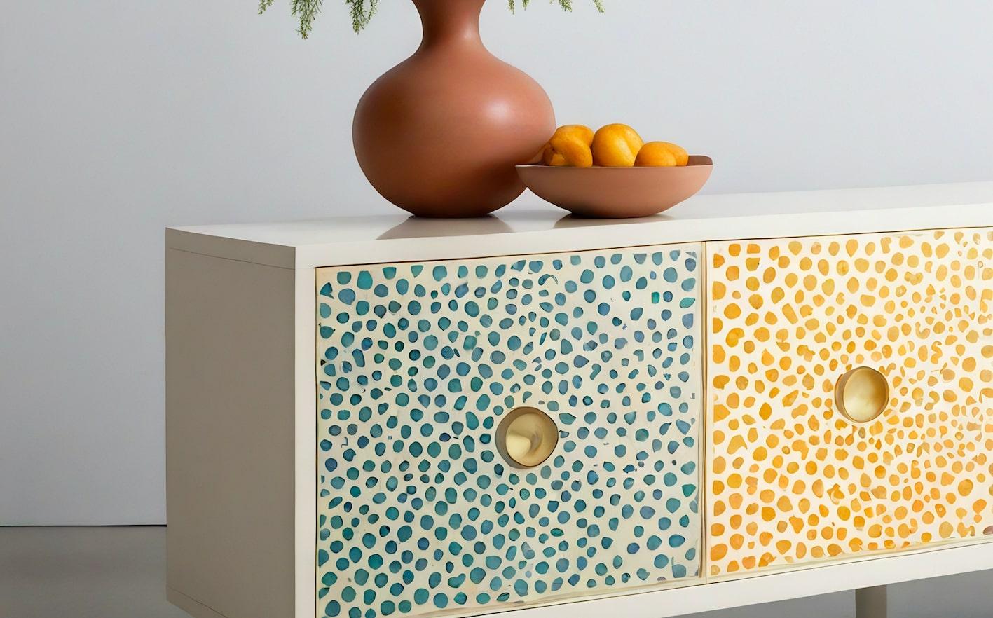 Mid-Century Modern Abstract Pastel Polka Dot Media Console For Sale