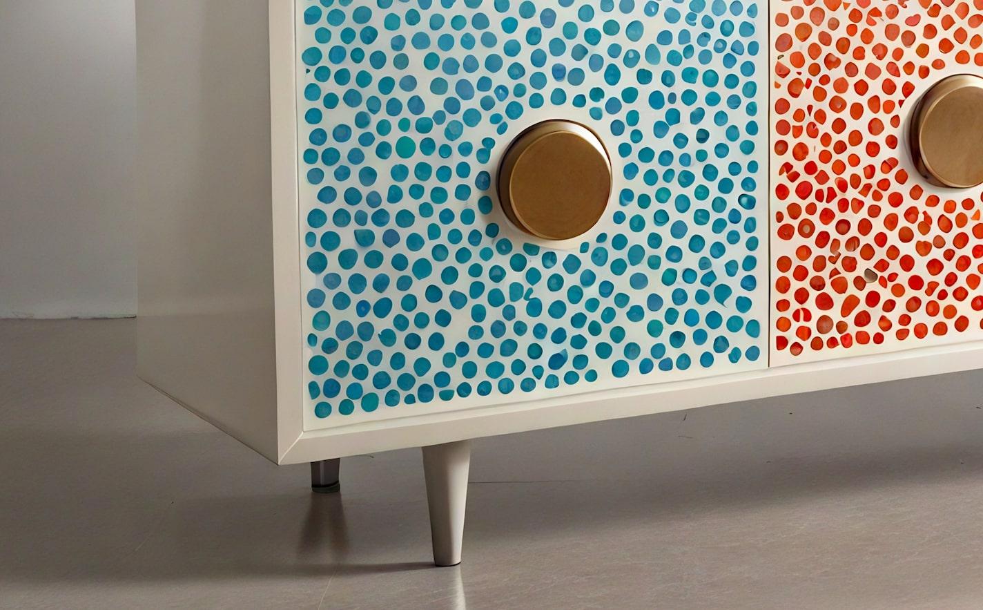 Mid-Century Modern Abstract Pastel Polka Dot Media Console For Sale