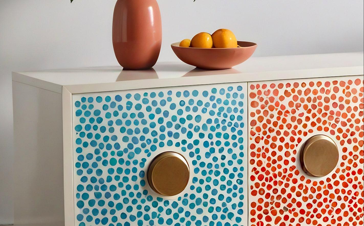 Indian Abstract Pastel Polka Dot Media Console For Sale