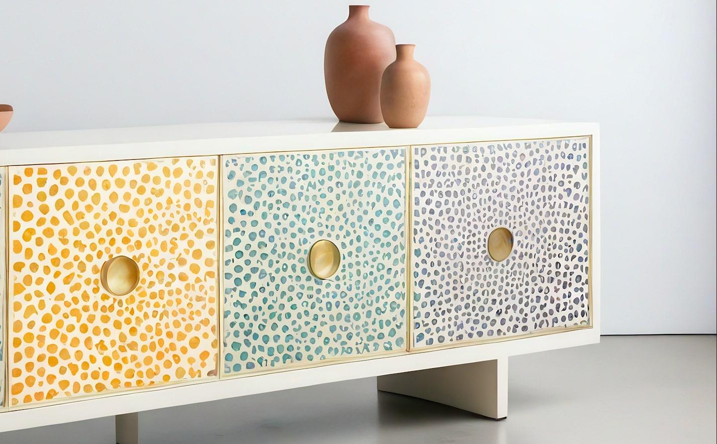 Inlay Abstract Pastel Polka Dot Media Console For Sale