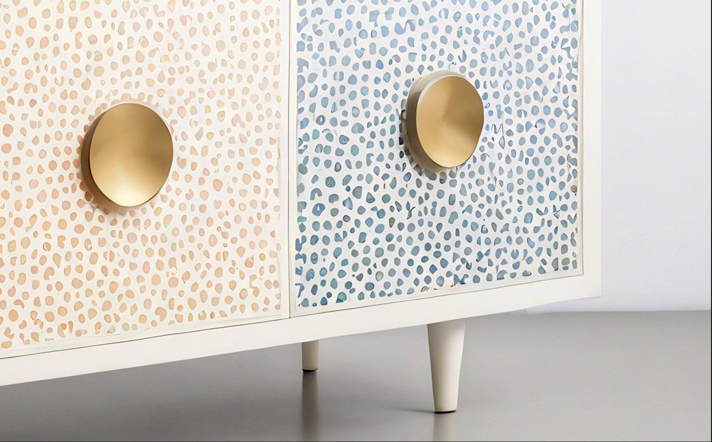 Inlay Abstract Pastel Polka Dot Media Console For Sale