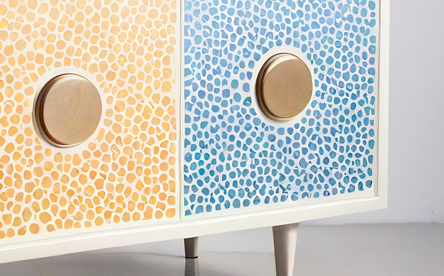 Inlay Abstract Pastel Polka Dot Media Console For Sale